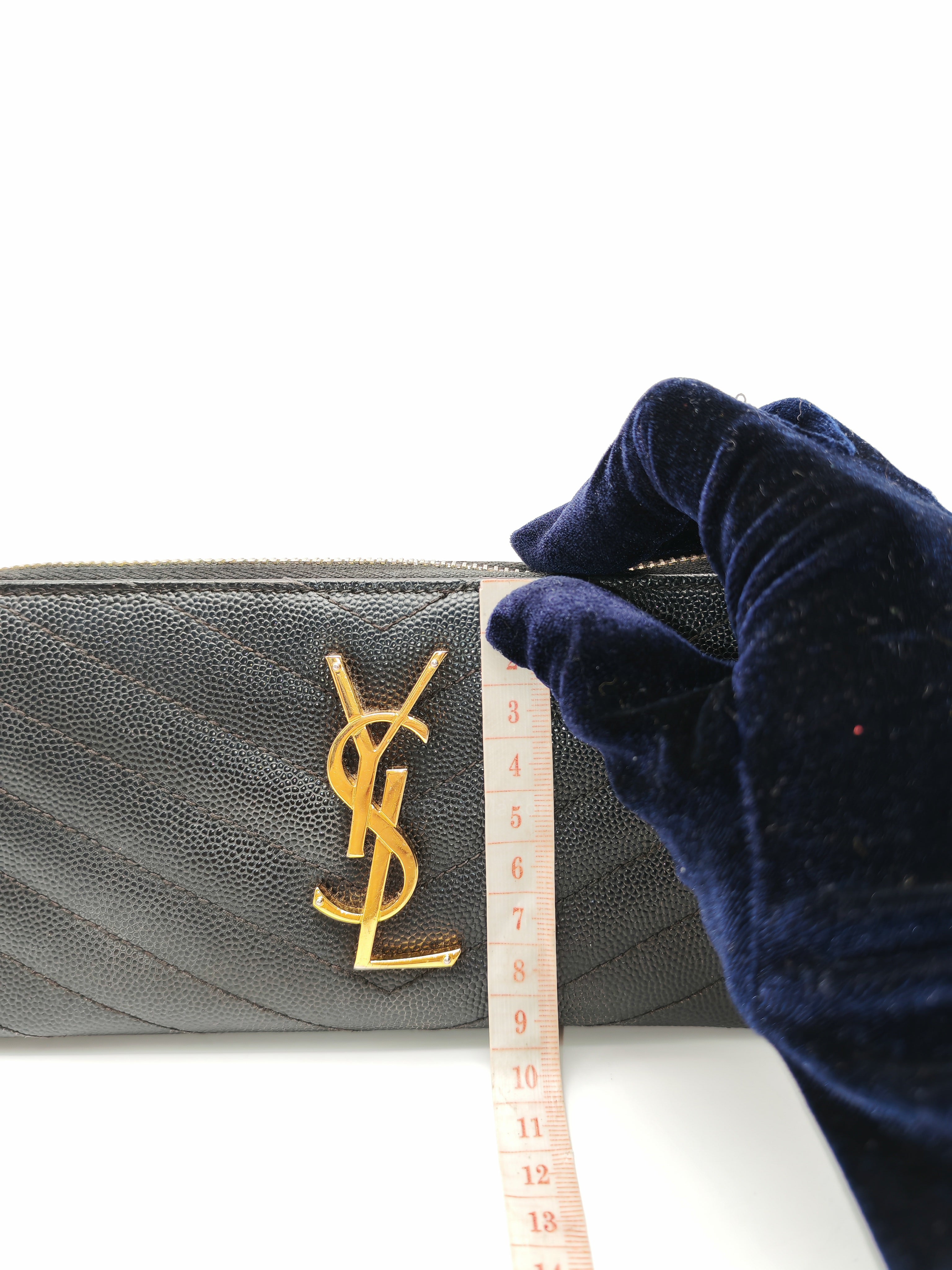 Yves Saint Laurent Cassandre Zip-Around Wallet in Black Chevron Quilted Matelasse Grained de Poudre Leather and Gold Hardware