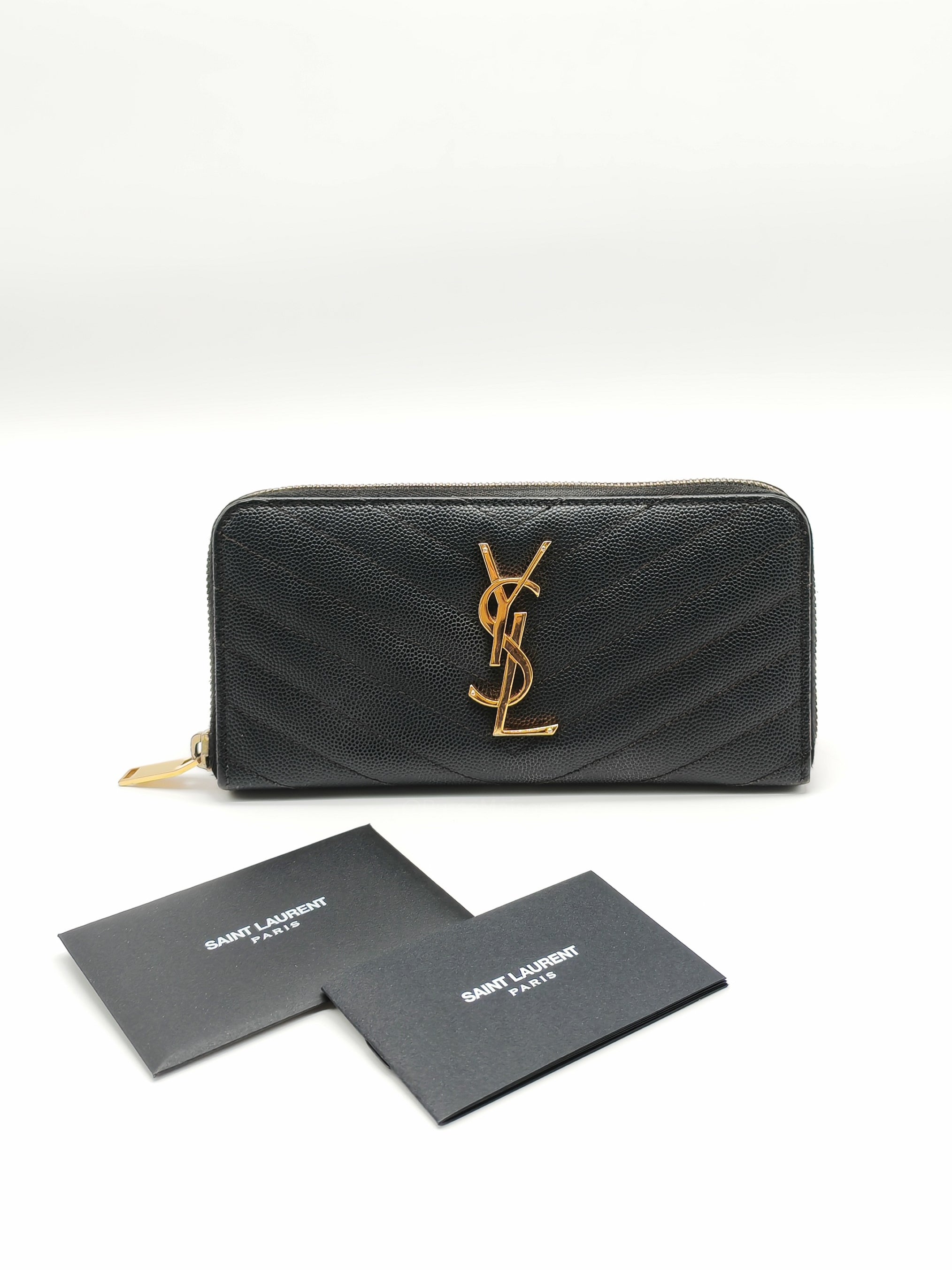 Yves Saint Laurent Cassandre Zip-Around Wallet in Black Chevron Quilted Matelasse Grained de Poudre Leather and Gold Hardware