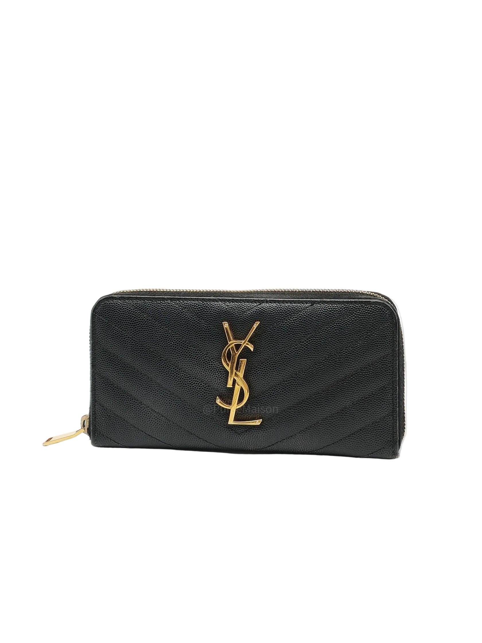 Yves Saint Laurent Cassandre Zip-Around Wallet in Black Chevron Quilted Matelasse Grained de Poudre Leather and Gold Hardware