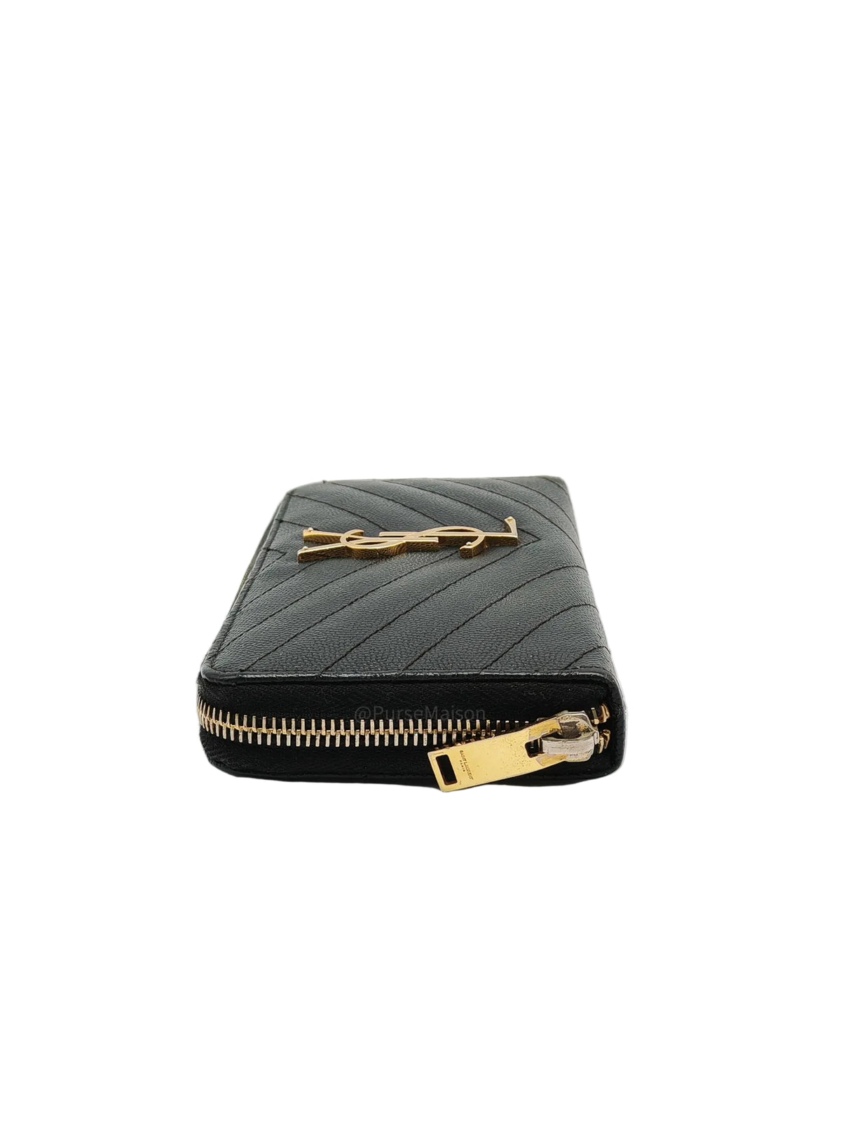 Yves Saint Laurent Cassandre Zip-Around Wallet in Black Chevron Quilted Matelasse Grained de Poudre Leather and Gold Hardware
