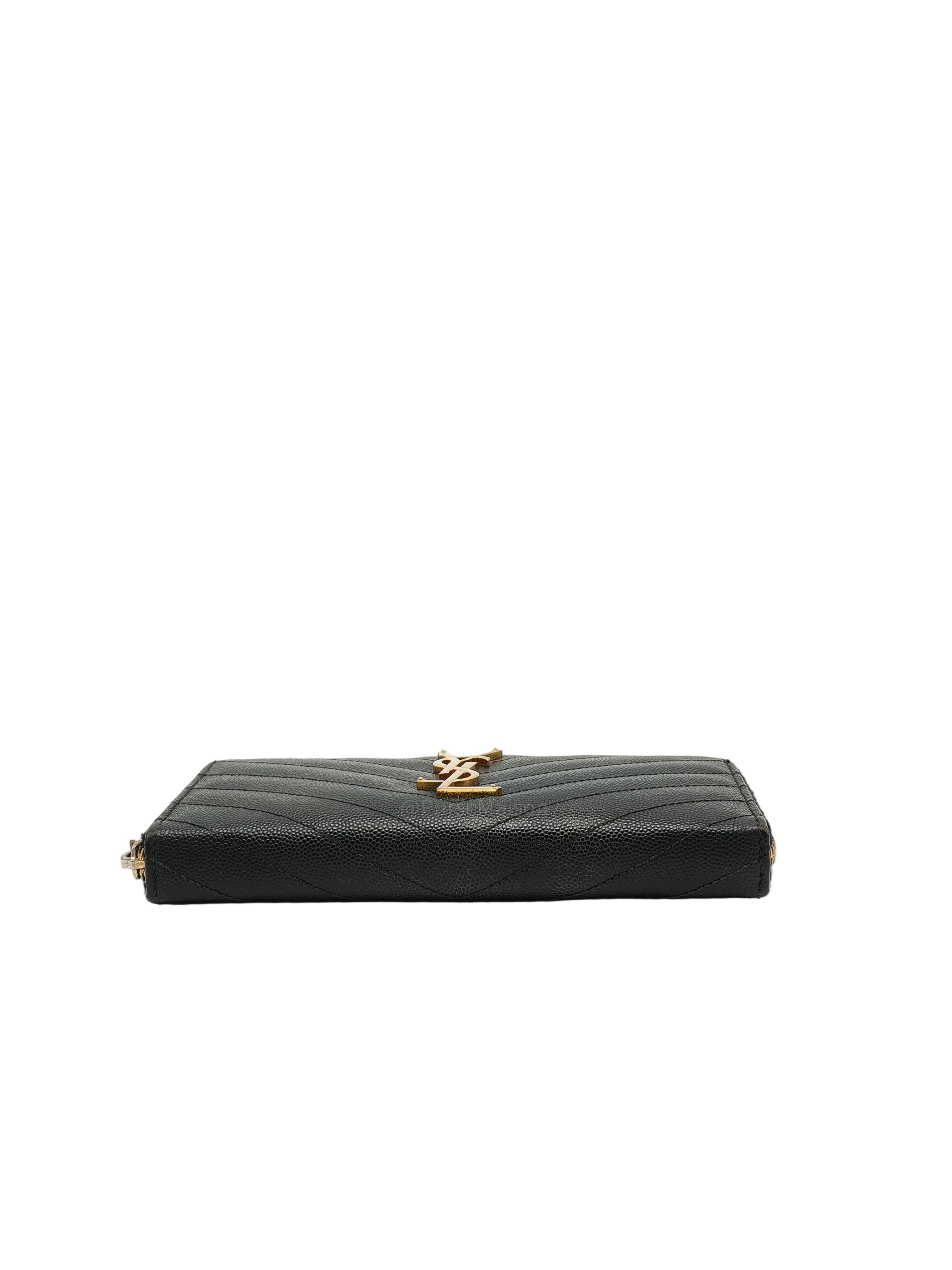 Yves Saint Laurent Cassandre Zip-Around Wallet in Black Chevron Quilted Matelasse Grained de Poudre Leather and Gold Hardware