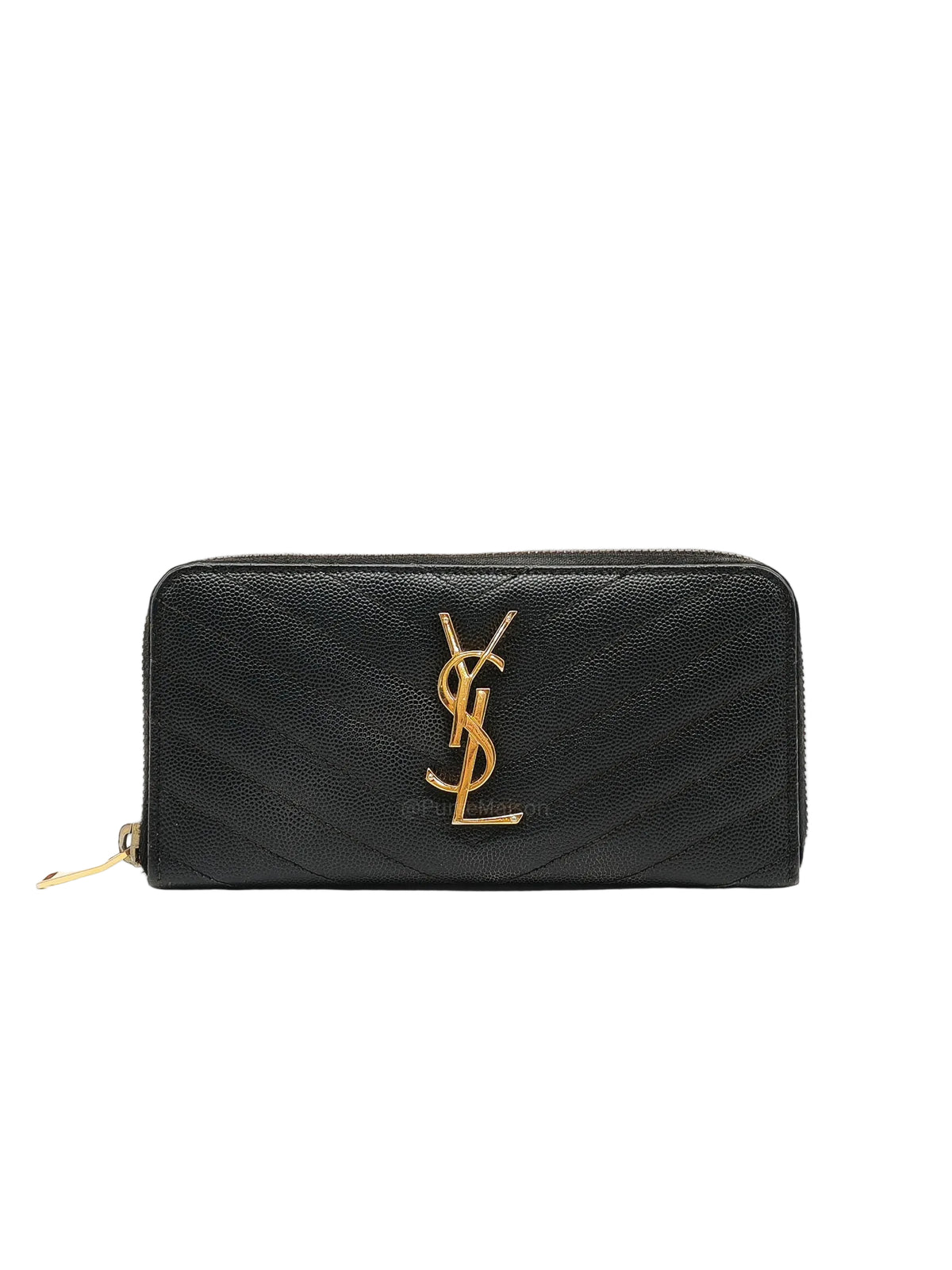 Yves Saint Laurent Cassandre Zip-Around Wallet in Black Chevron Quilted Matelasse Grained de Poudre Leather and Gold Hardware