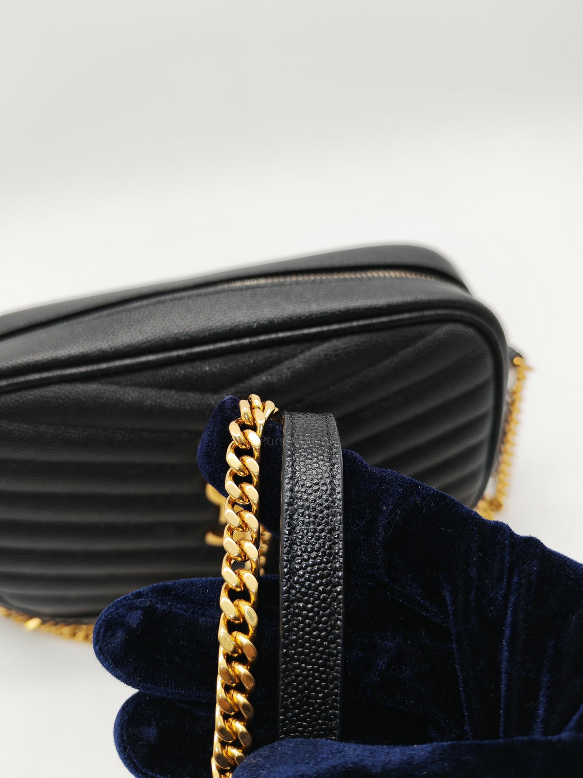 Saint Laurent Lou Mini Camera Bag in Black Chevron Quilted Grained Leather Gold Hardware