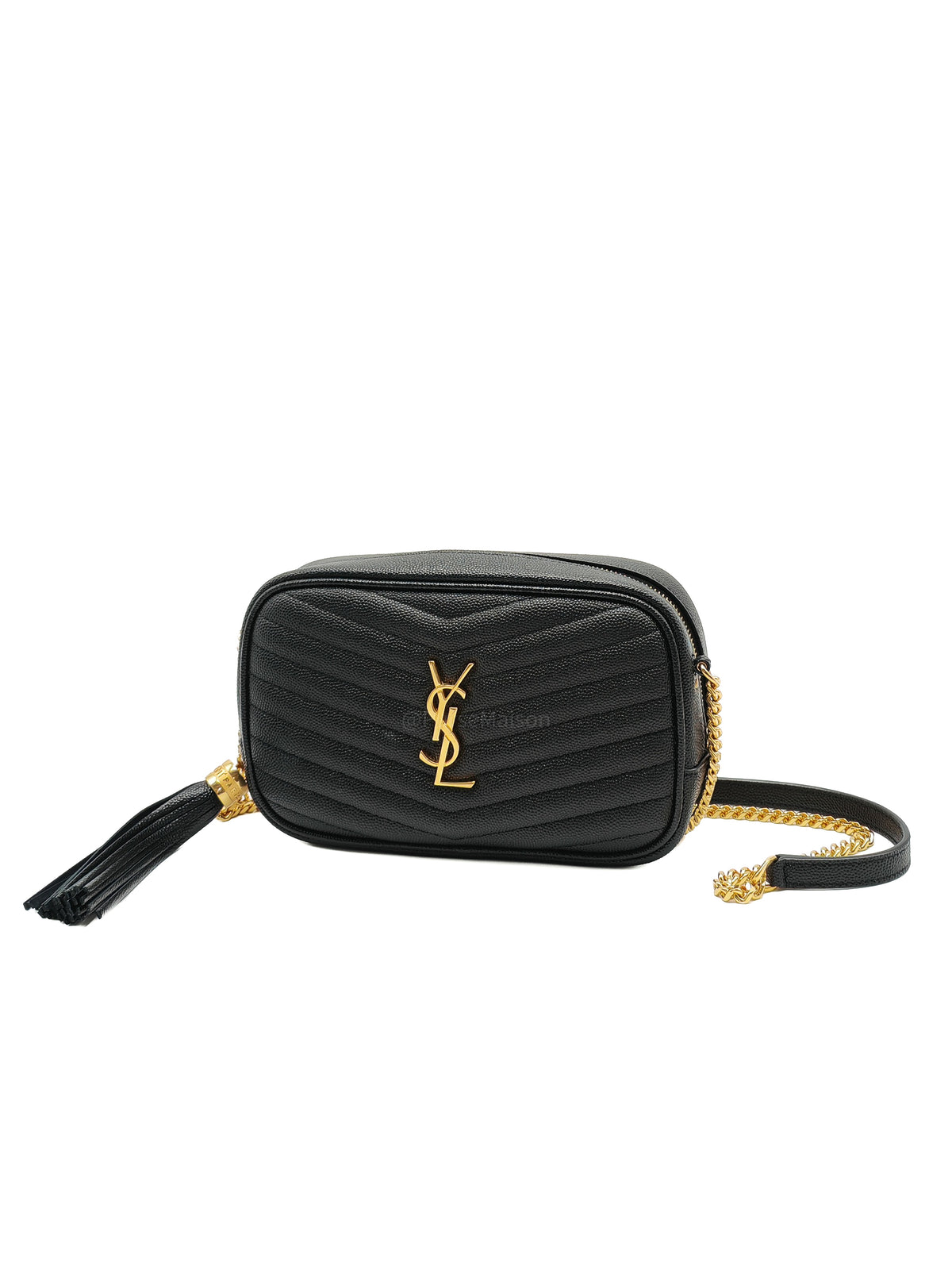 Saint Laurent Lou Mini Camera Bag in Black Chevron Quilted Grained Leather Gold Hardware