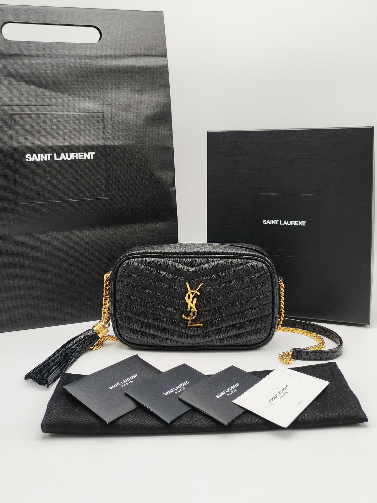 Saint Laurent Lou Mini Camera Bag in Black Chevron Quilted Grained Leather Gold Hardware