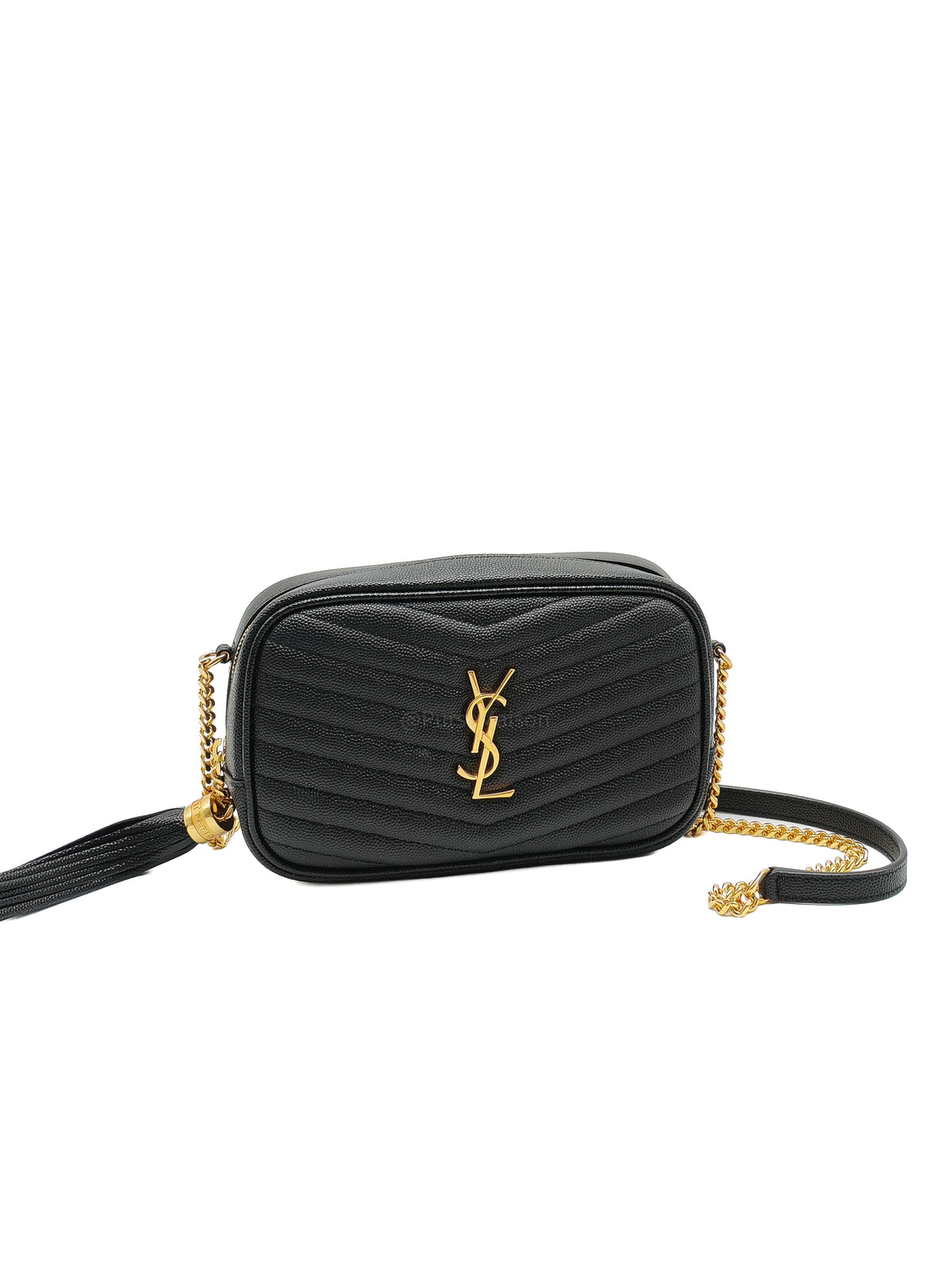Saint Laurent Lou Mini Camera Bag in Black Chevron Quilted Grained Leather Gold Hardware