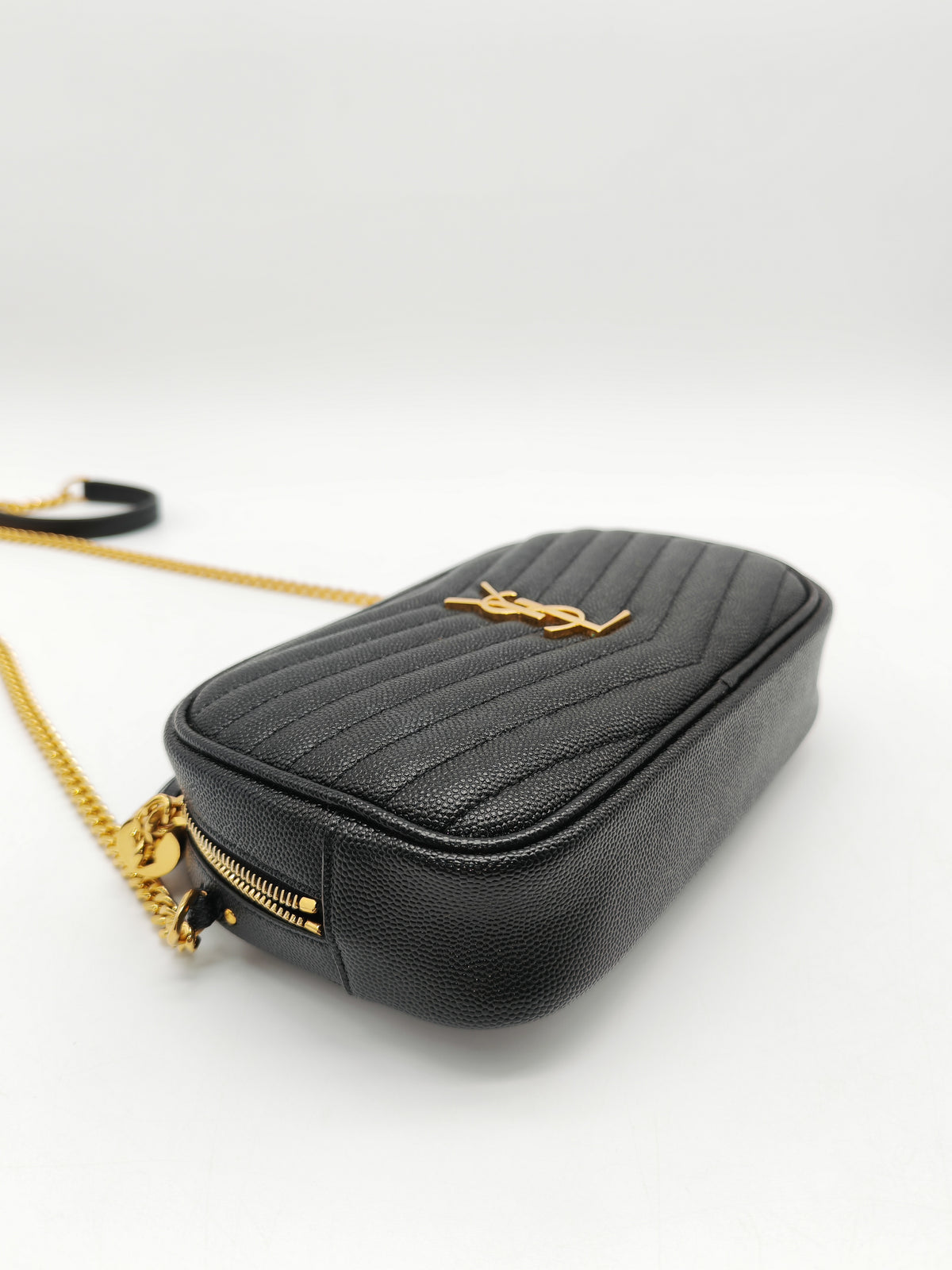 Saint Laurent Lou Mini Camera Bag in Black Chevron Quilted Grained Leather Gold Hardware