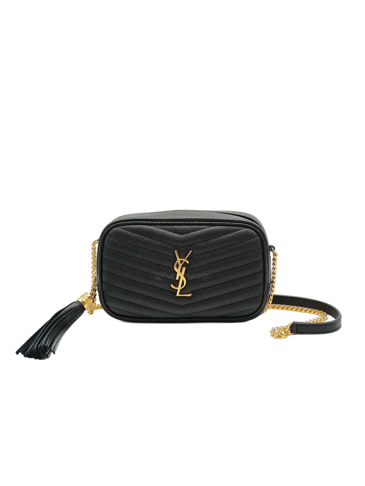 Saint Laurent Lou Mini Camera Bag in Black Chevron Quilted Grained Leather Gold Hardware