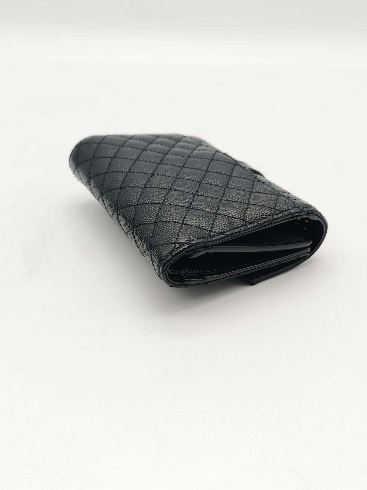 Yves Saint Laurent Envelope Tri-fold Wallet in Black Quilted Grained De Poudre Calfskin Leather and Gold Hardware