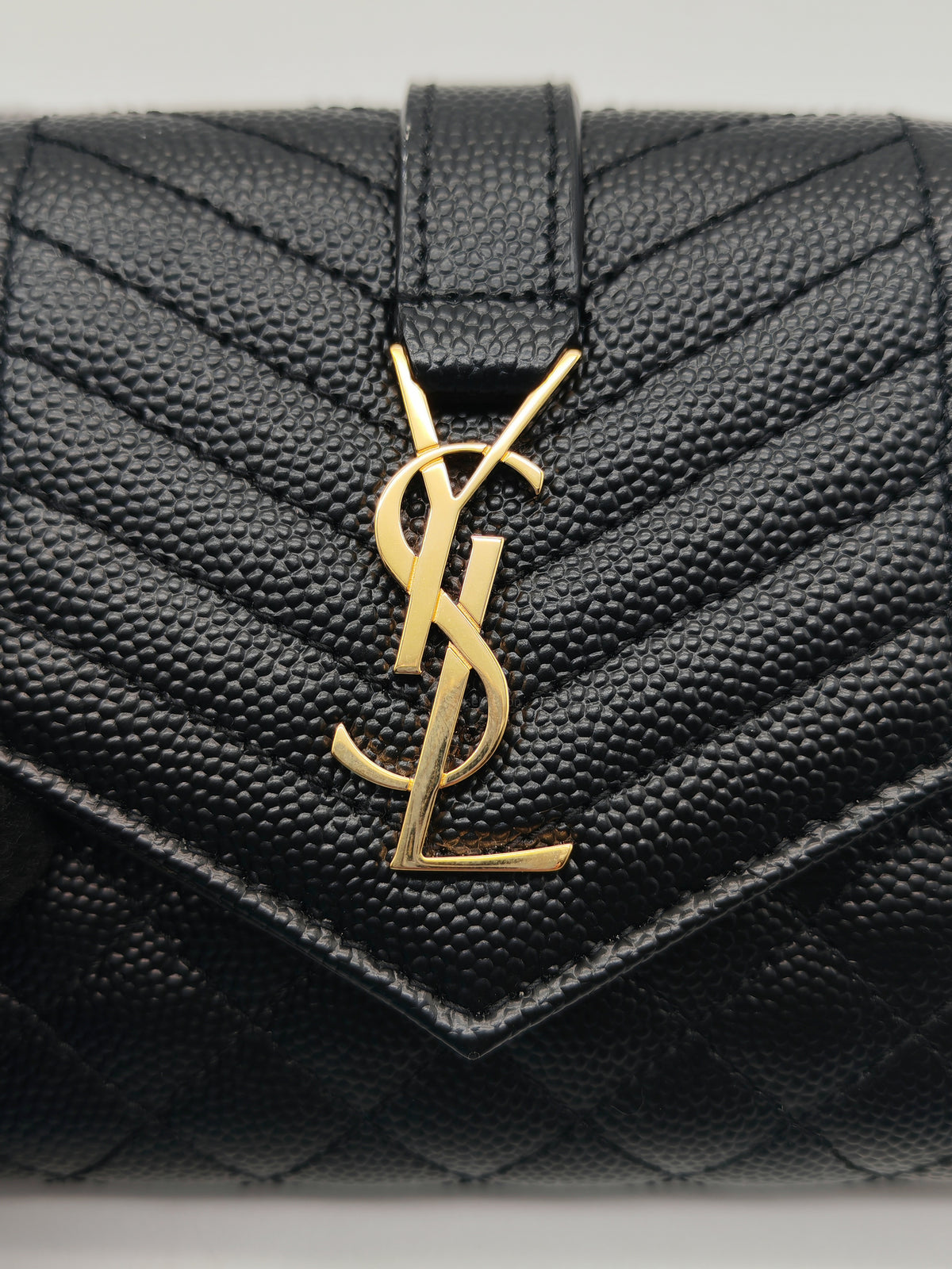 Yves Saint Laurent Envelope Tri-fold Wallet in Black Quilted Grained De Poudre Calfskin Leather and Gold Hardware