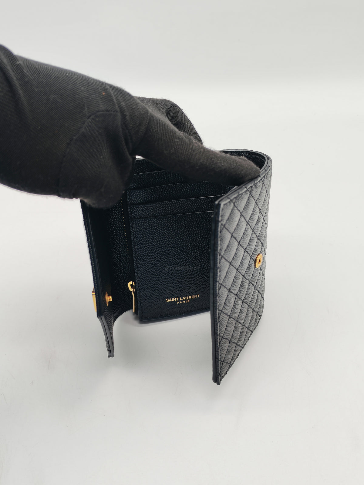 Yves Saint Laurent Envelope Tri-fold Wallet in Black Quilted Grained De Poudre Calfskin Leather and Gold Hardware