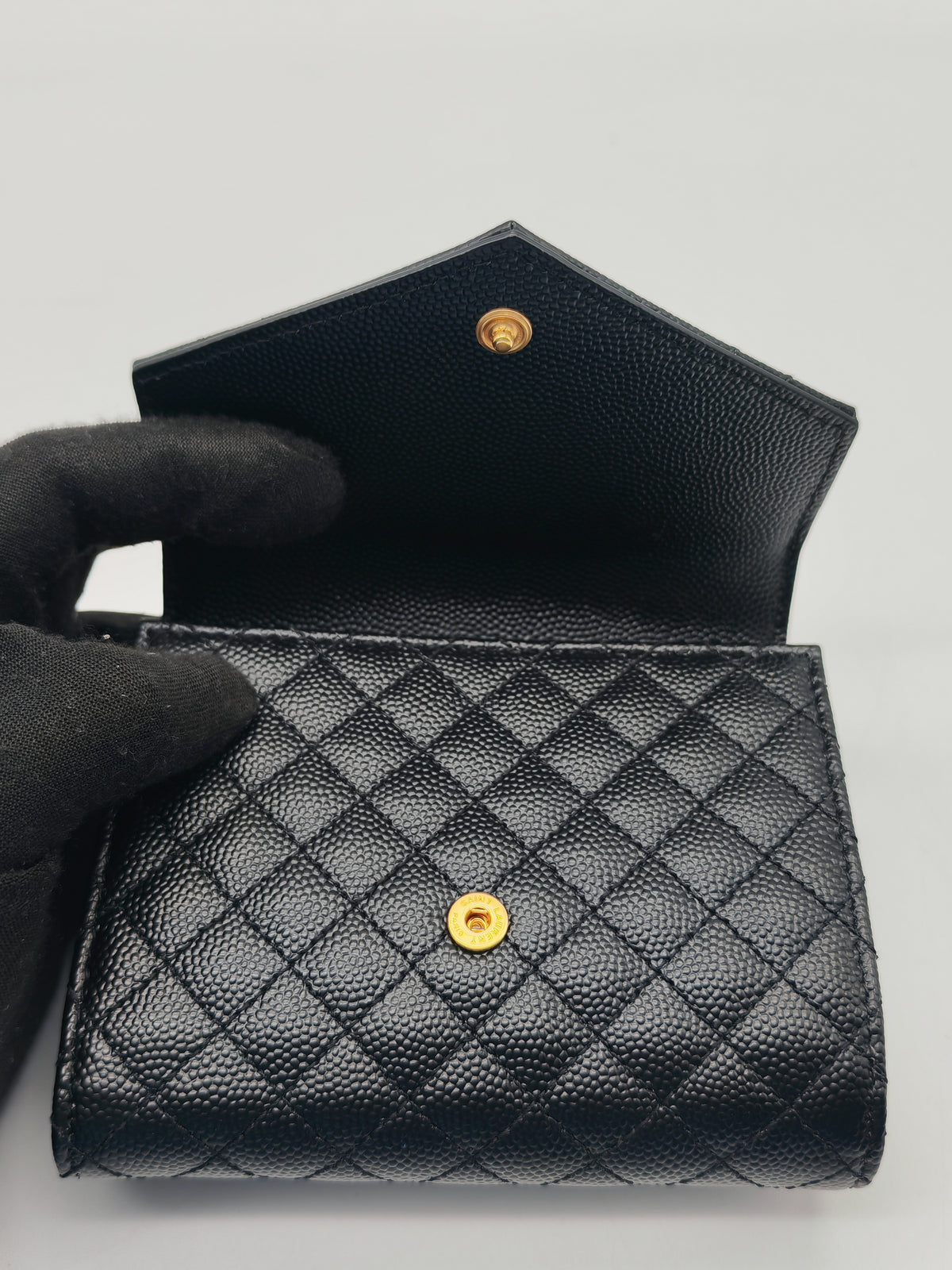 Yves Saint Laurent Envelope Tri-fold Wallet in Black Quilted Grained De Poudre Calfskin Leather and Gold Hardware