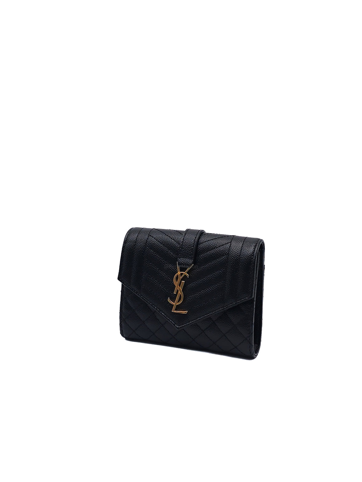 Yves Saint Laurent Envelope Tri-fold Wallet in Black Quilted Grained De Poudre Calfskin Leather and Gold Hardware