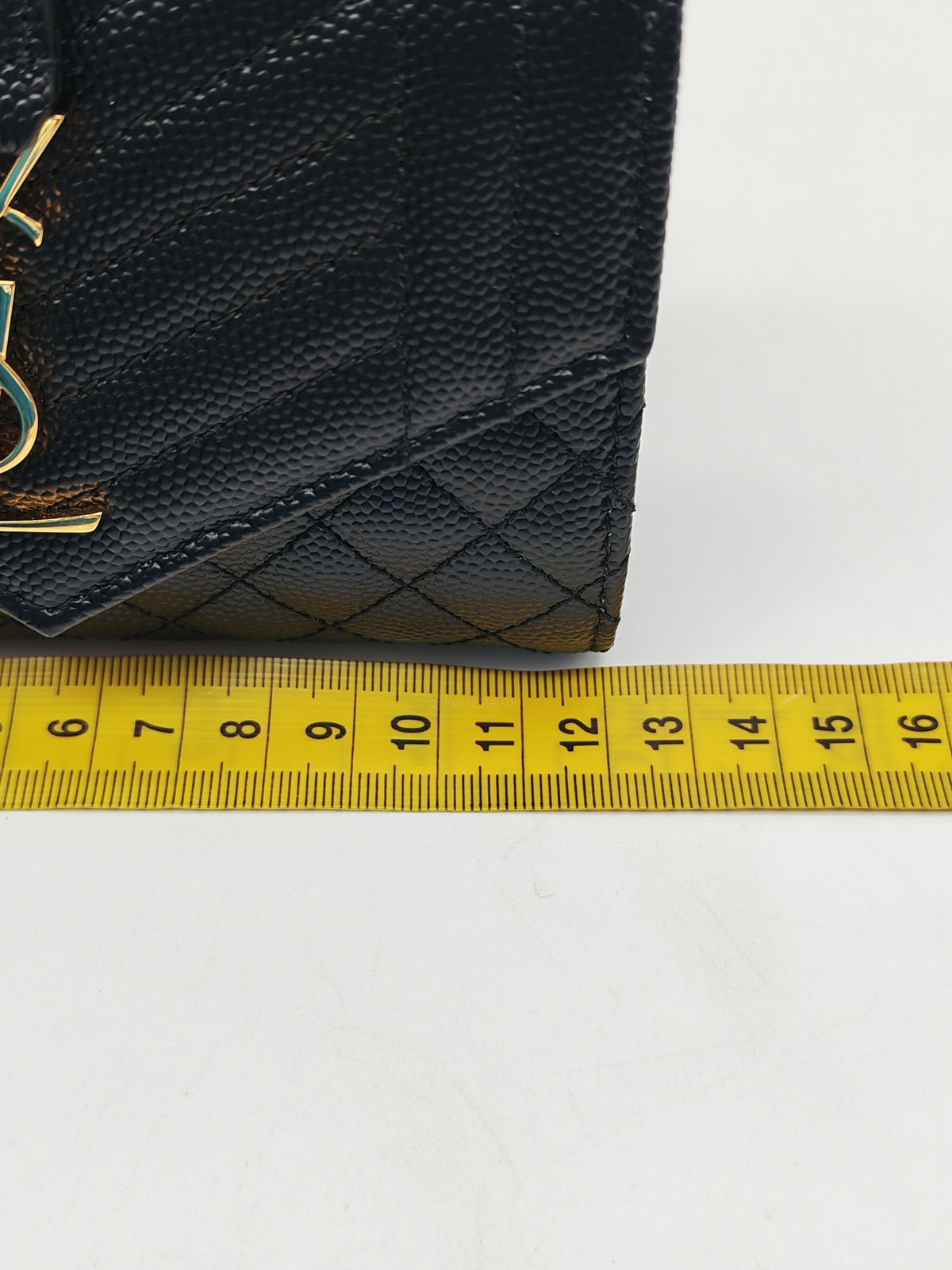 Yves Saint Laurent Envelope Tri-fold Wallet in Black Quilted Grained De Poudre Calfskin Leather and Gold Hardware