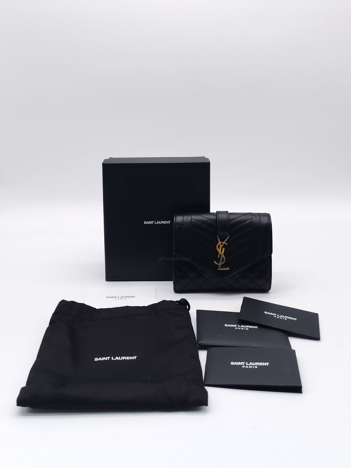 Yves Saint Laurent Envelope Tri-fold Wallet in Black Quilted Grained De Poudre Calfskin Leather and Gold Hardware