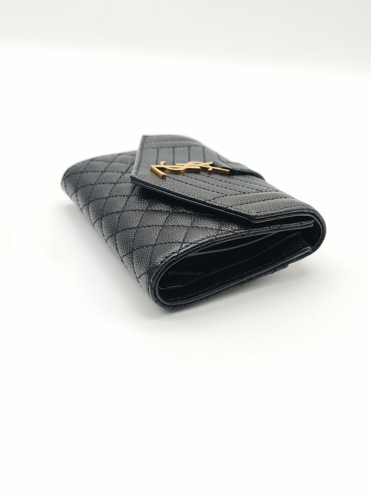 Yves Saint Laurent Envelope Tri-fold Wallet in Black Quilted Grained De Poudre Calfskin Leather and Gold Hardware
