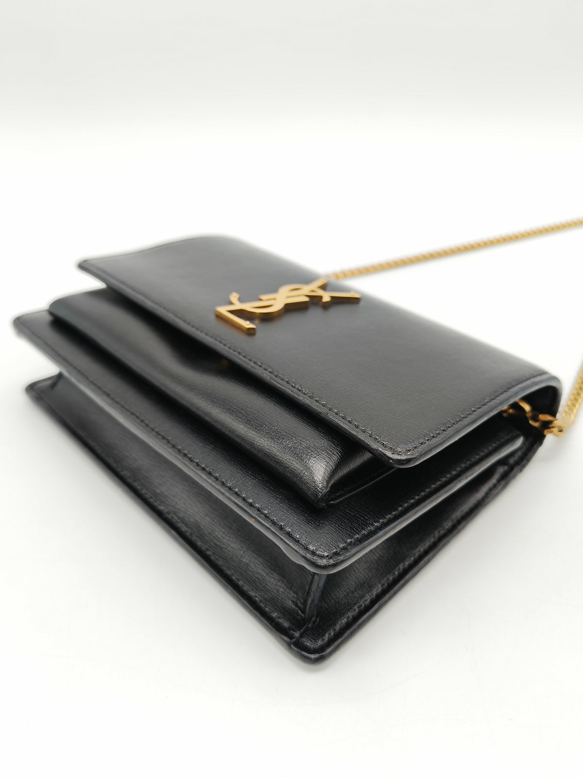 Yves Saint Laurent Sunset Mini Top Handle Bag in Black Calfskin Leather and Gold Hardware