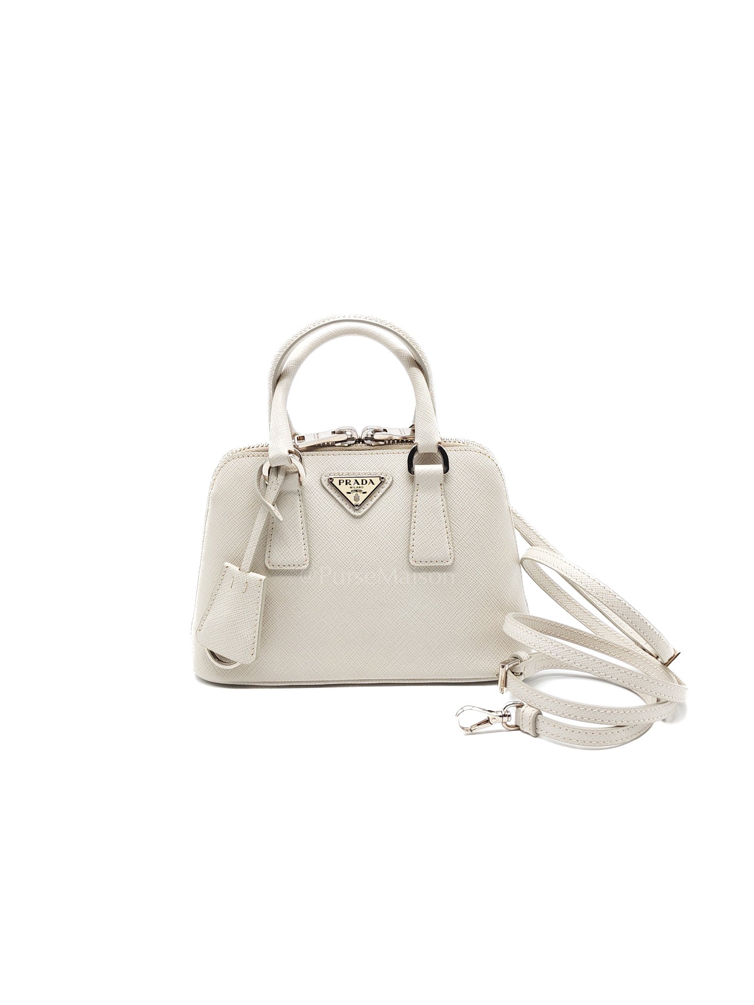 Mini Promenade Crossbody Bag in Off White Saffiano Leather & Silver Hardware