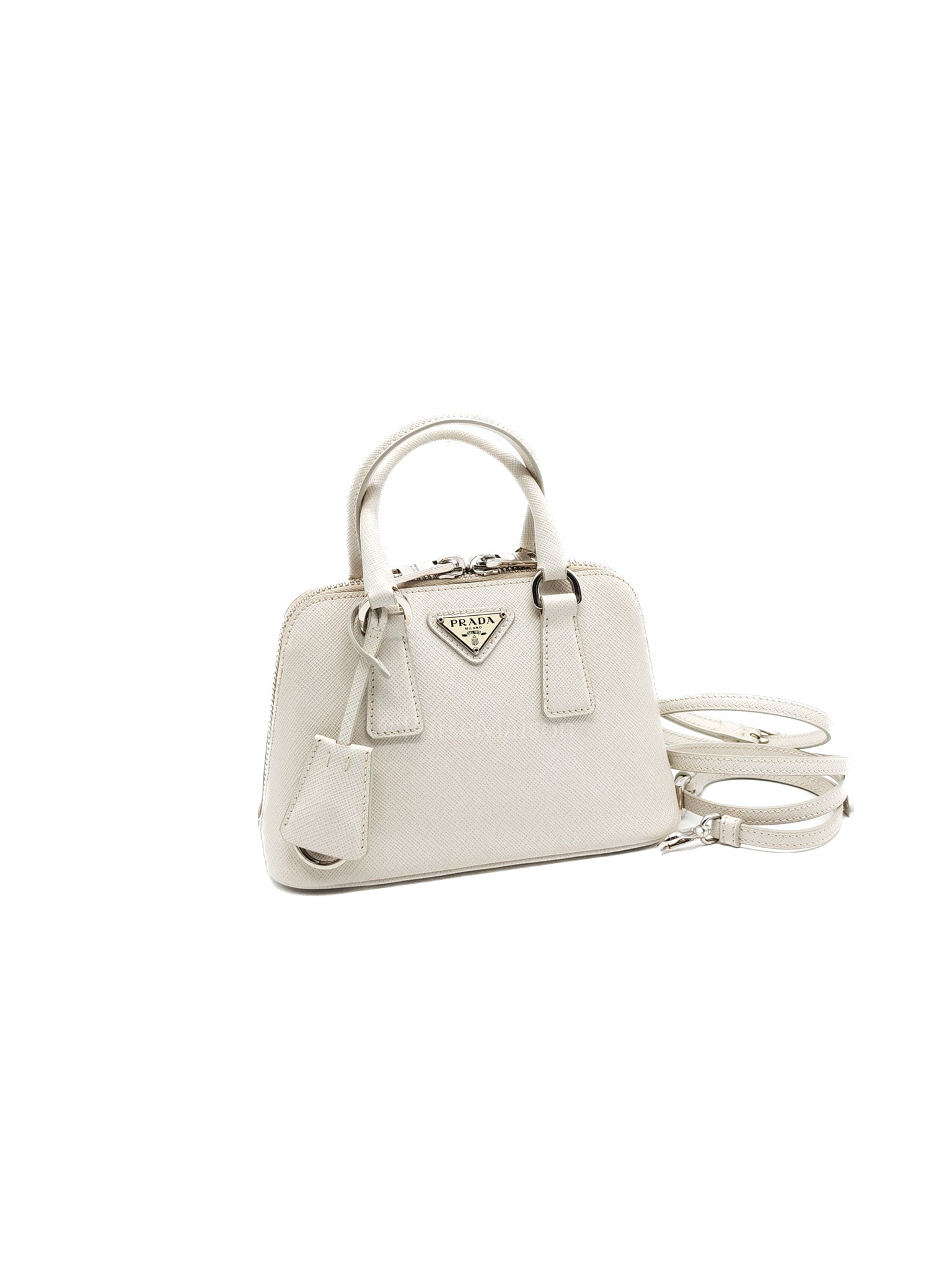 Mini Promenade Crossbody Bag in Off White Saffiano Leather & Silver Hardware