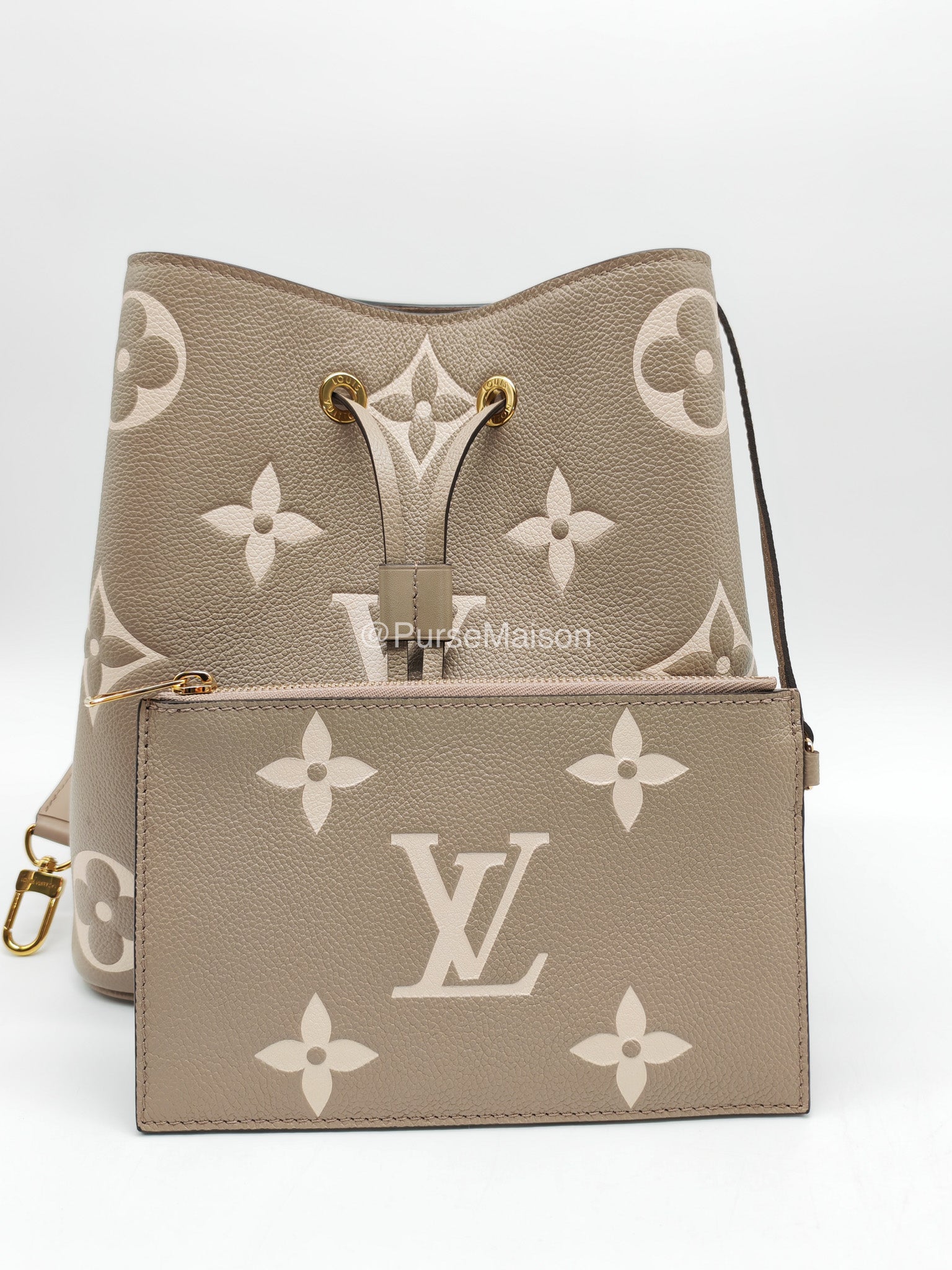 Louis Vuitton Neo Noe MM in Bicolor Monogram Tourterelle Empreinte Leather (Microchip)