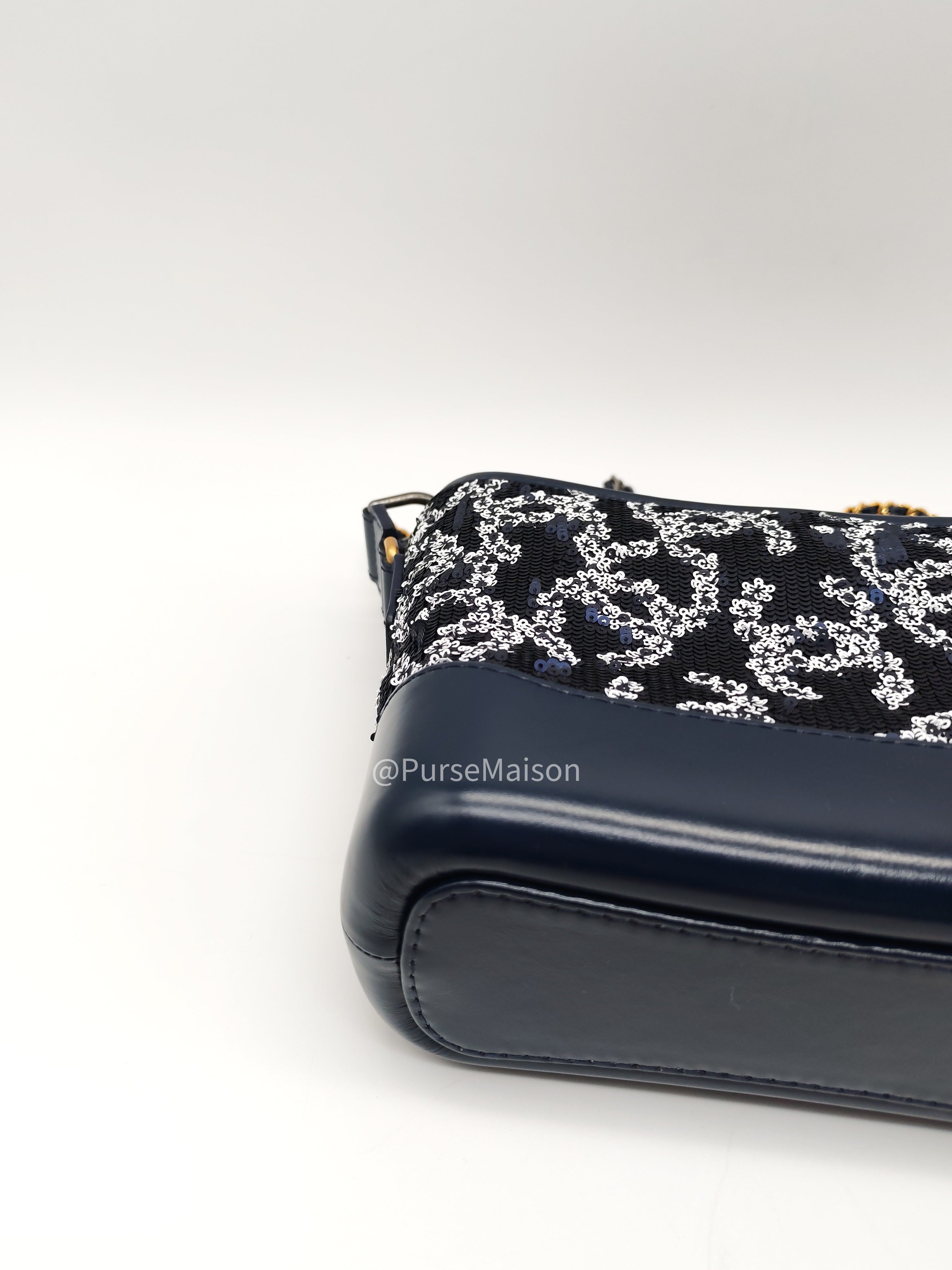 Chanel Gabrielle Hobo Bag Small in Sequin Logo Motif Navy Blue/White Mix Hardware (Series 27)