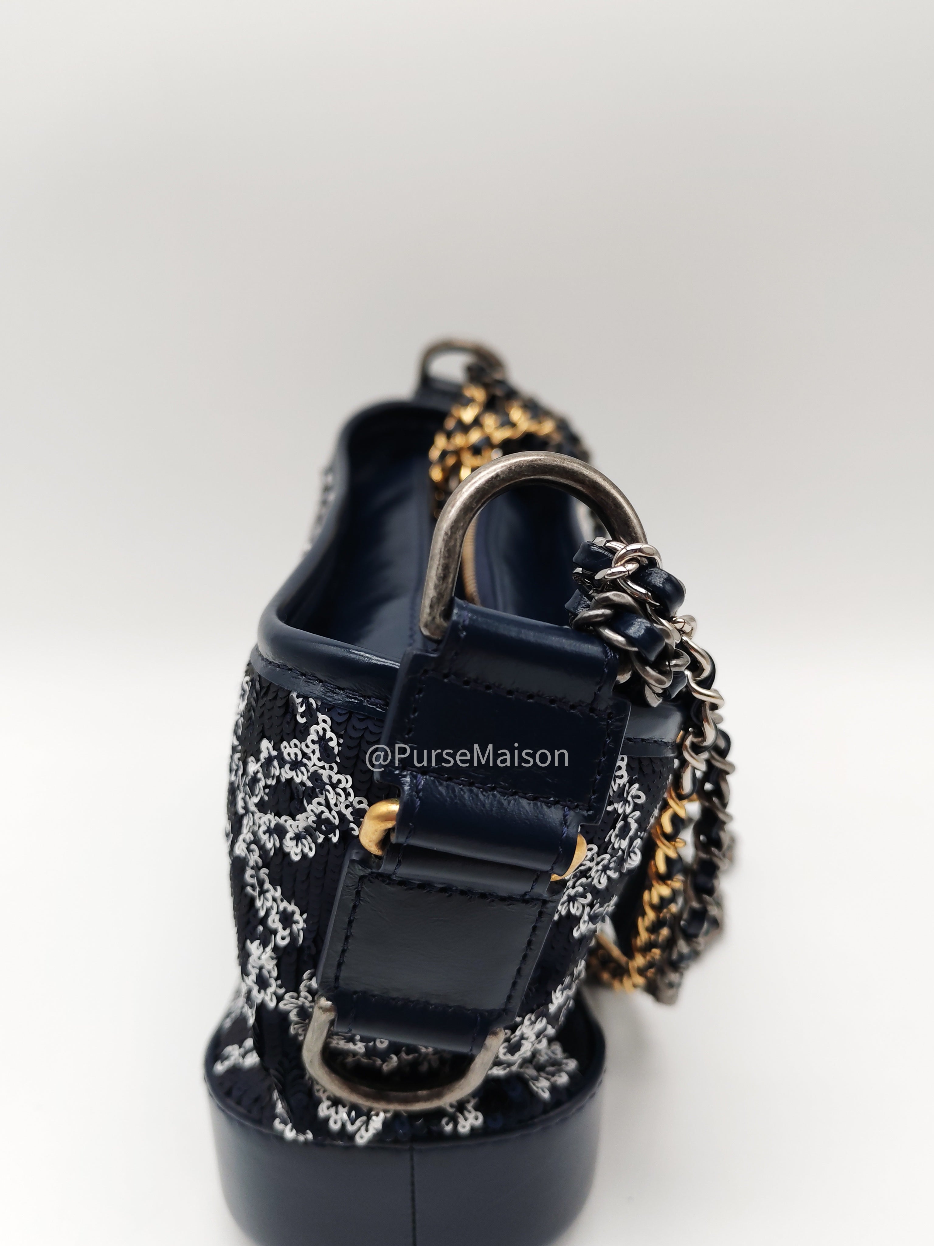 Chanel Gabrielle Hobo Bag Small in Sequin Logo Motif Navy Blue/White Mix Hardware (Series 27)