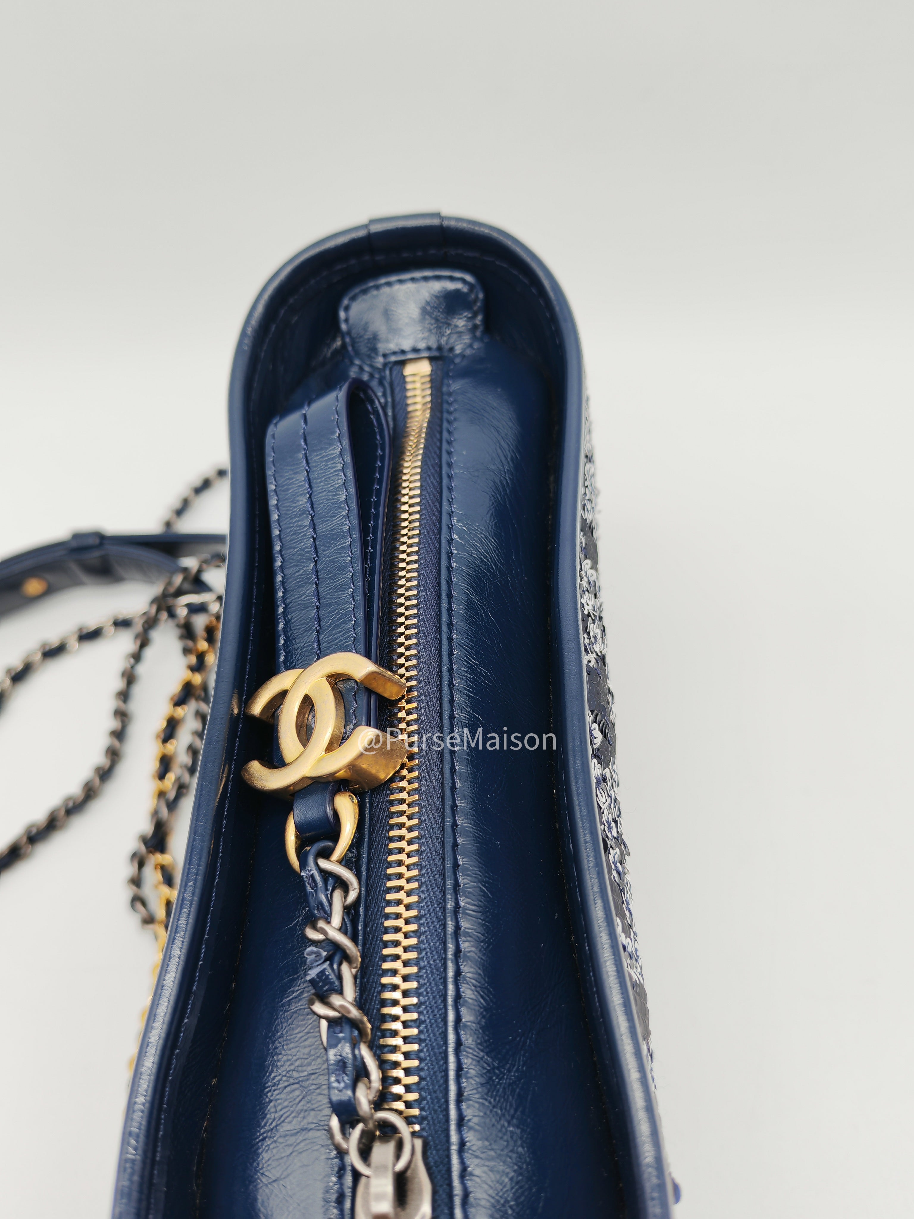 Chanel Gabrielle Hobo Bag Small in Sequin Logo Motif Navy Blue/White Mix Hardware (Series 27)