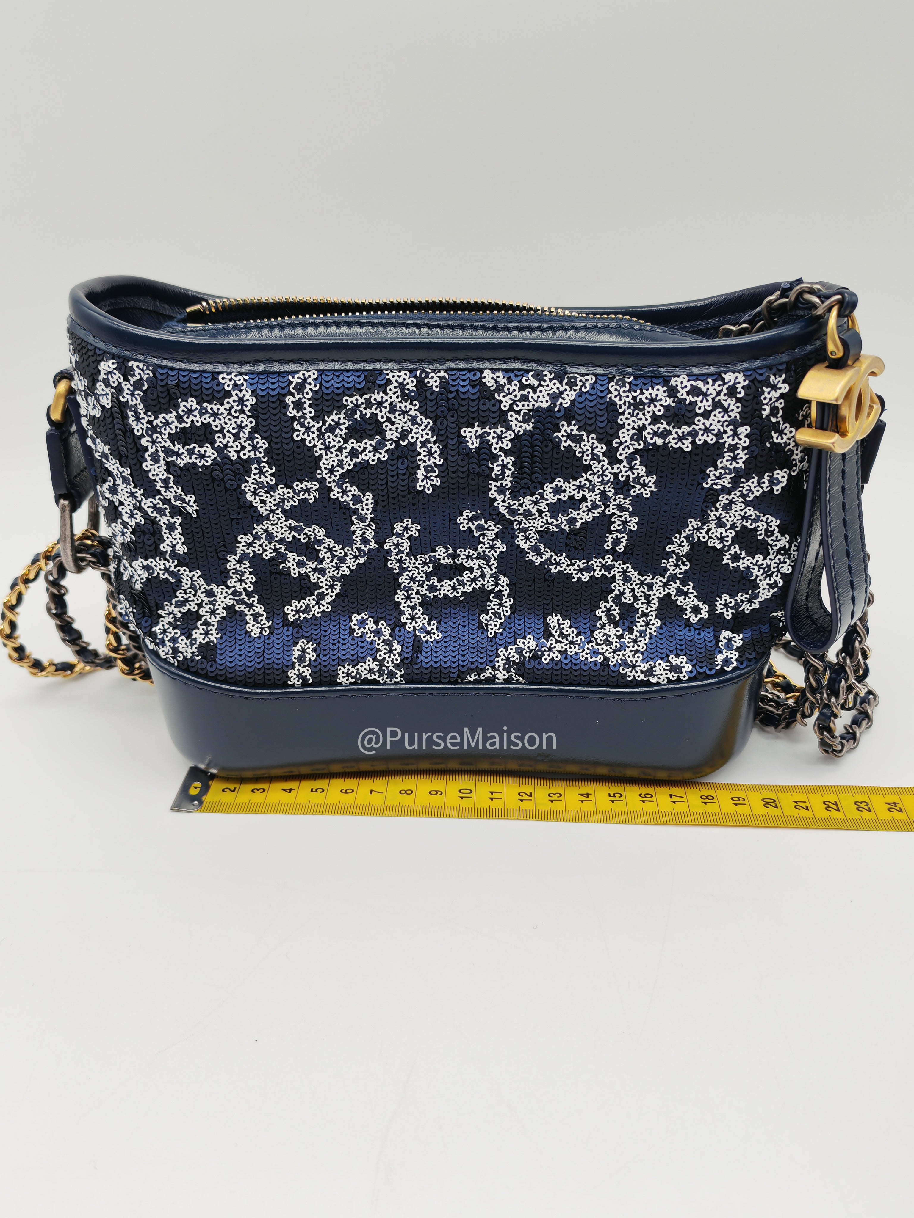 Chanel Gabrielle Hobo Bag Small in Sequin Logo Motif Navy Blue/White Mix Hardware (Series 27)