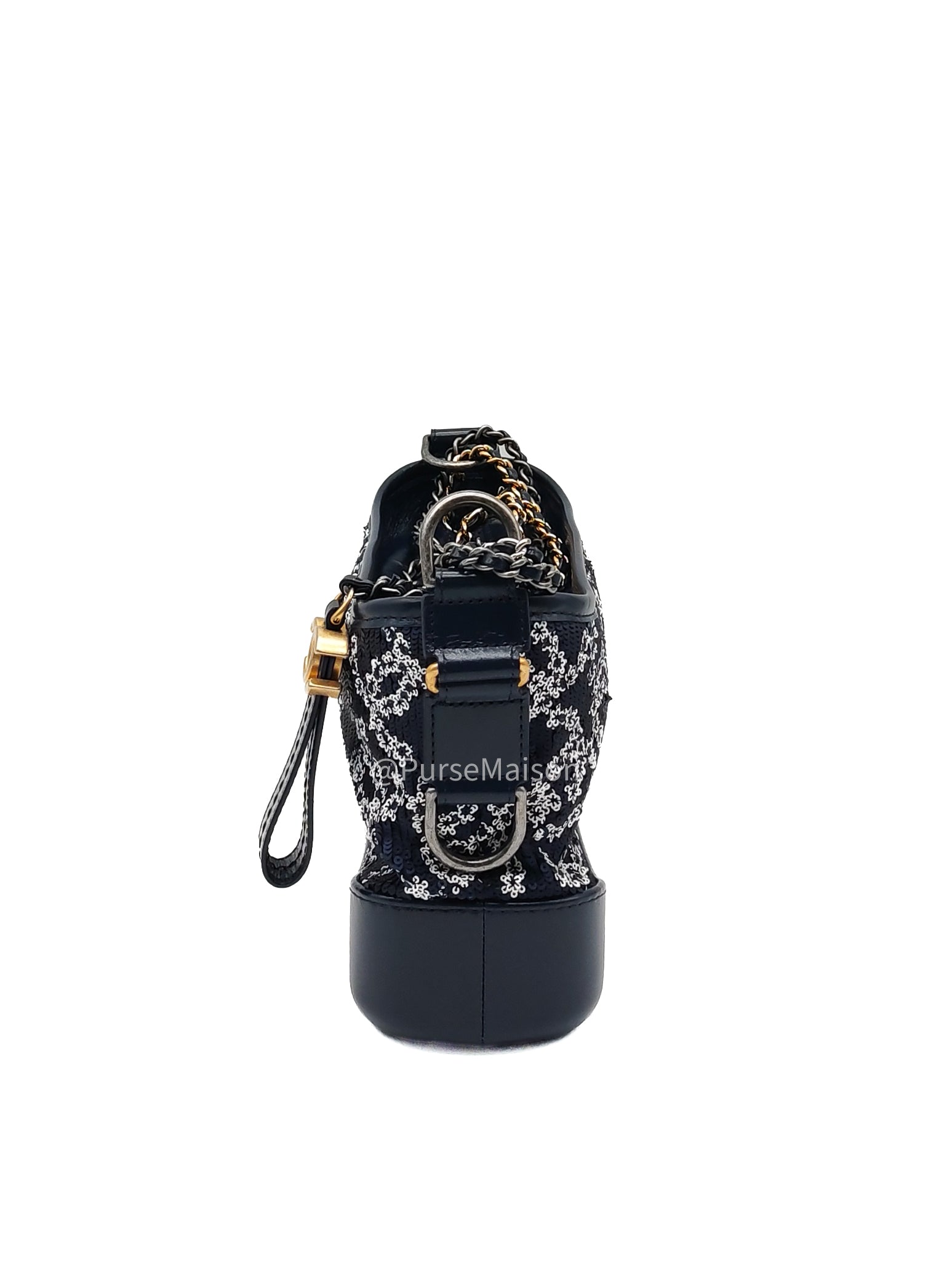Chanel Gabrielle Hobo Bag Small in Sequin Logo Motif Navy Blue/White Mix Hardware (Series 27)