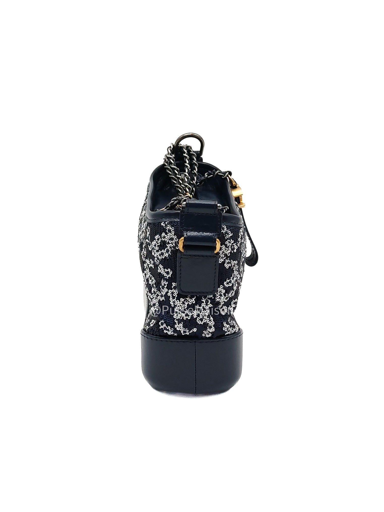 Chanel Gabrielle Hobo Bag Small in Sequin Logo Motif Navy Blue/White Mix Hardware (Series 27)