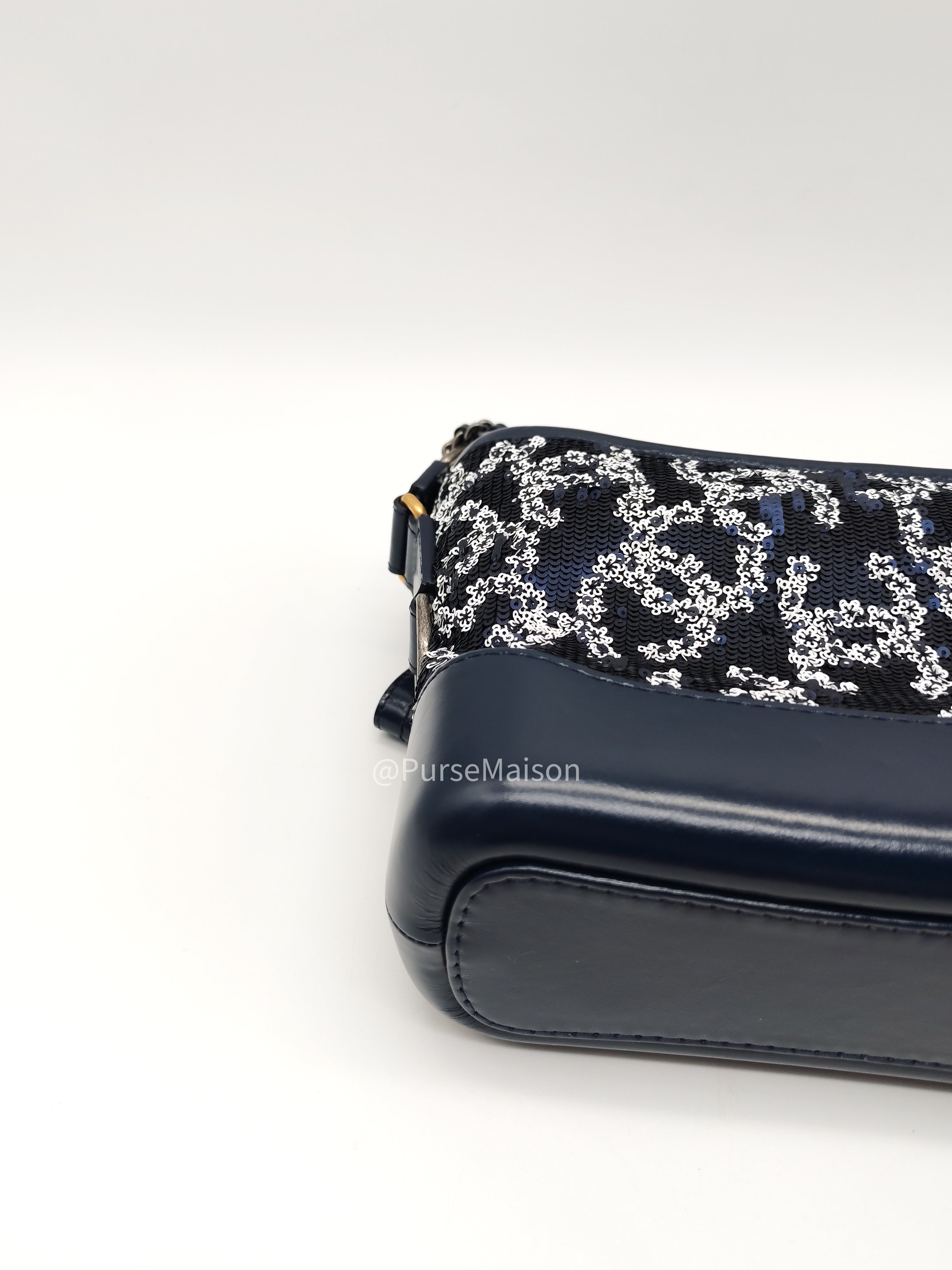 Chanel Gabrielle Hobo Bag Small in Sequin Logo Motif Navy Blue/White Mix Hardware (Series 27)