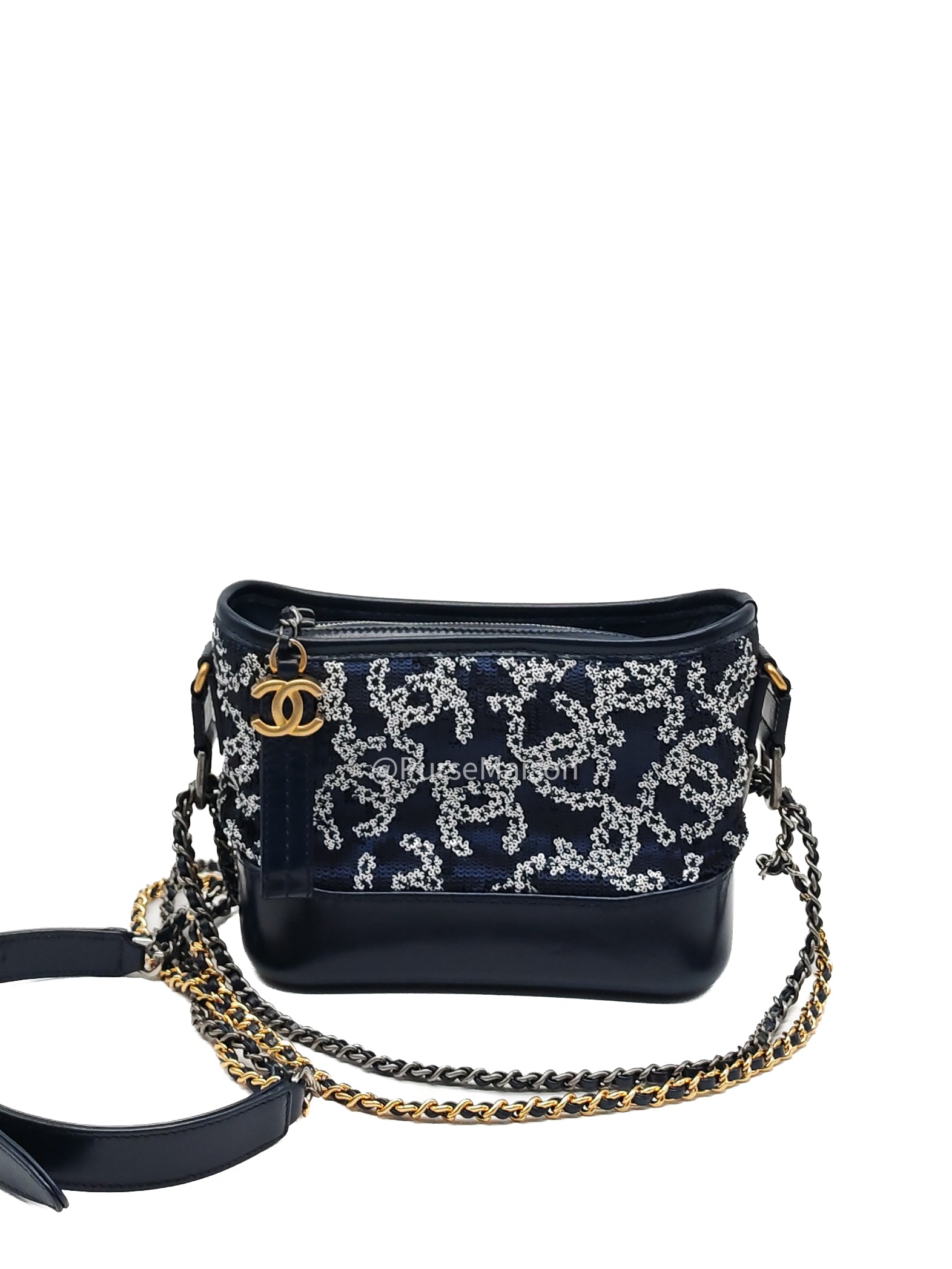 Chanel Gabrielle Hobo Bag Small in Sequin Logo Motif Navy Blue/White Mix Hardware (Series 27)
