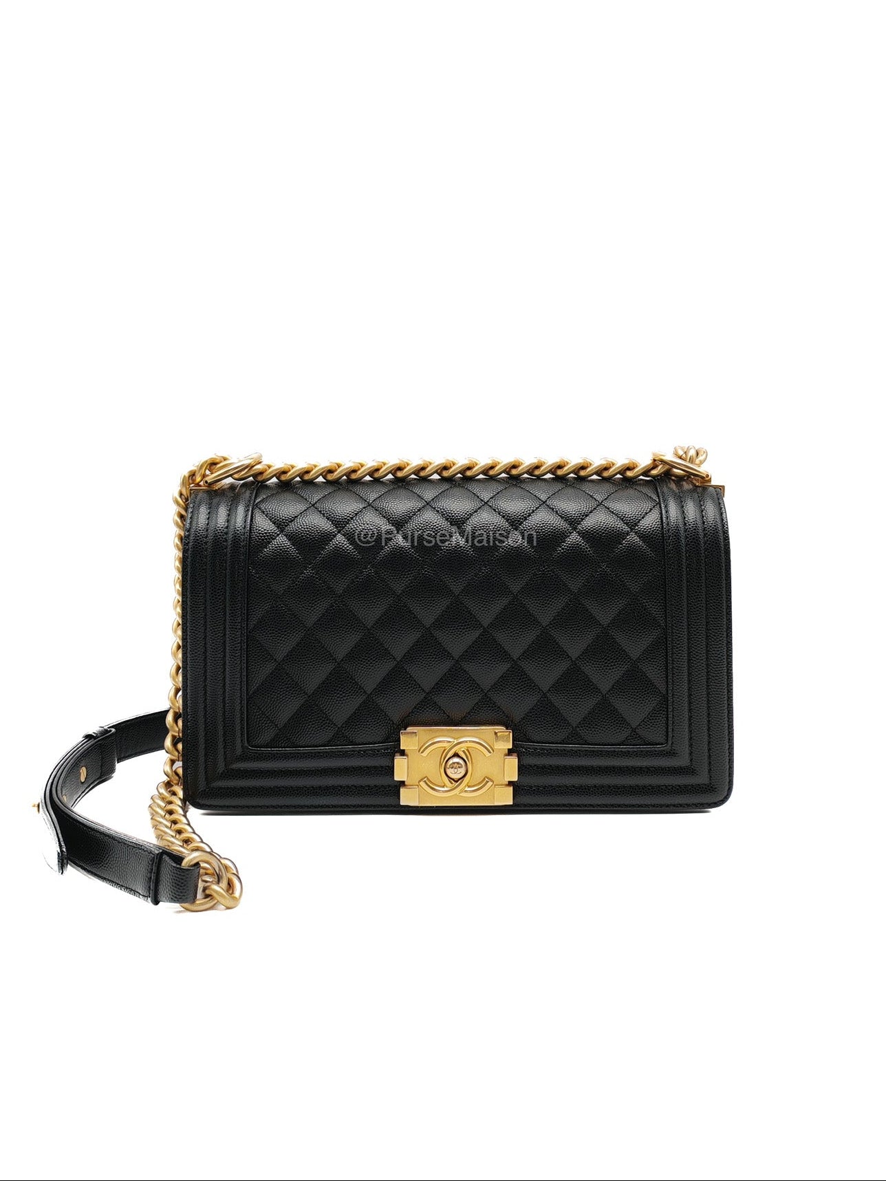 Chanel Le Boy Old Medium in Black Quilted Caviar Leather and Aged Gold Hardware Microchip