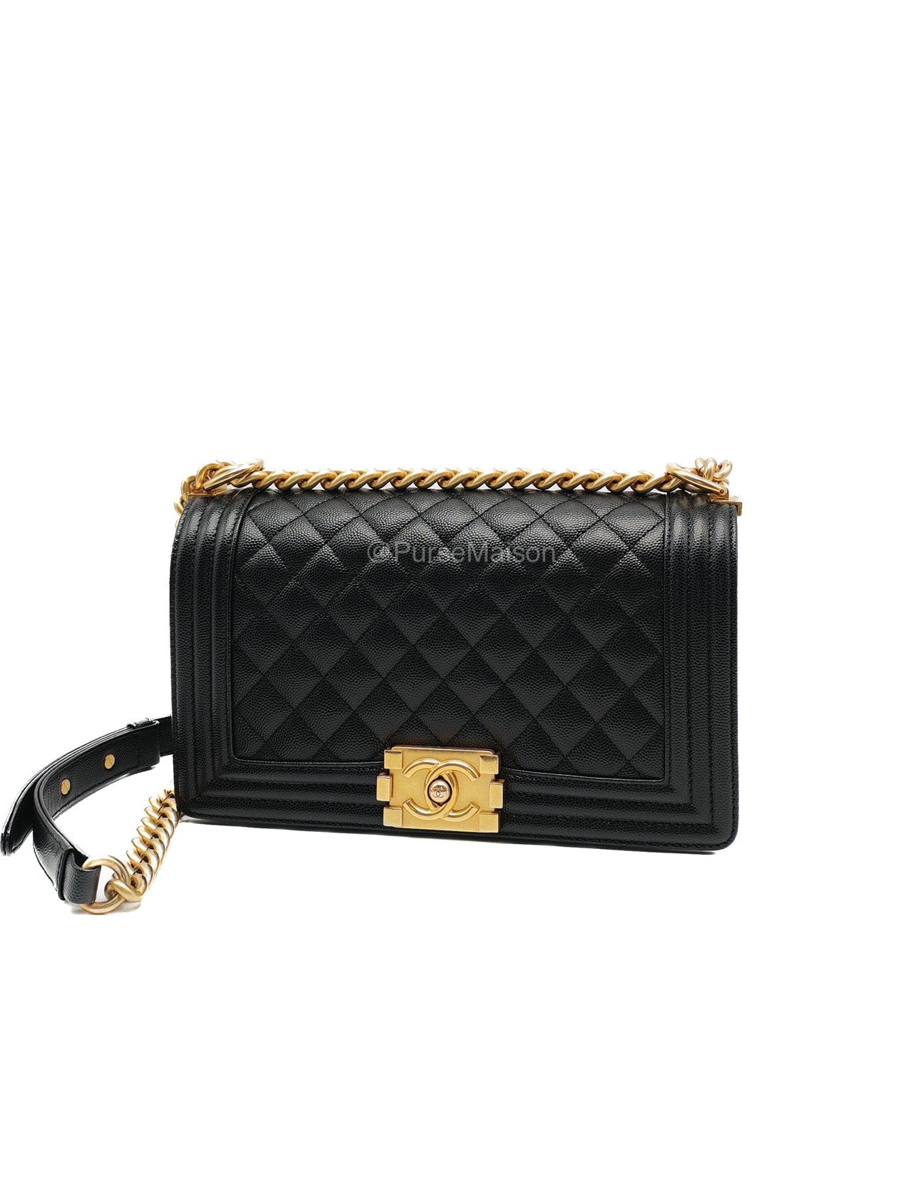 Chanel Le Boy Old Medium in Black Quilted Caviar Leather and Aged Gold Hardware Microchip