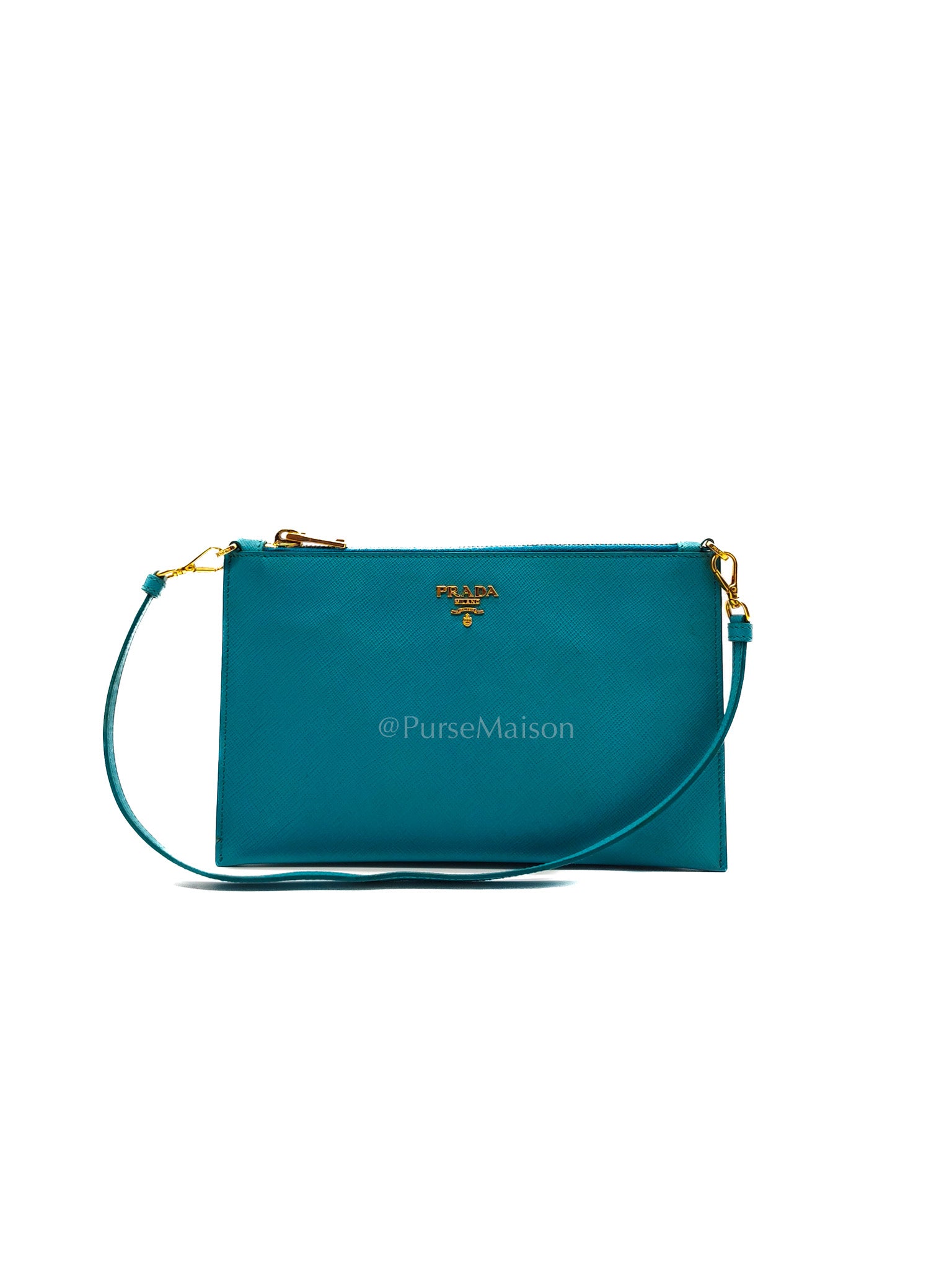 Accessory Pouch in Marine Blue Saffiano Leather & Gold Hardware