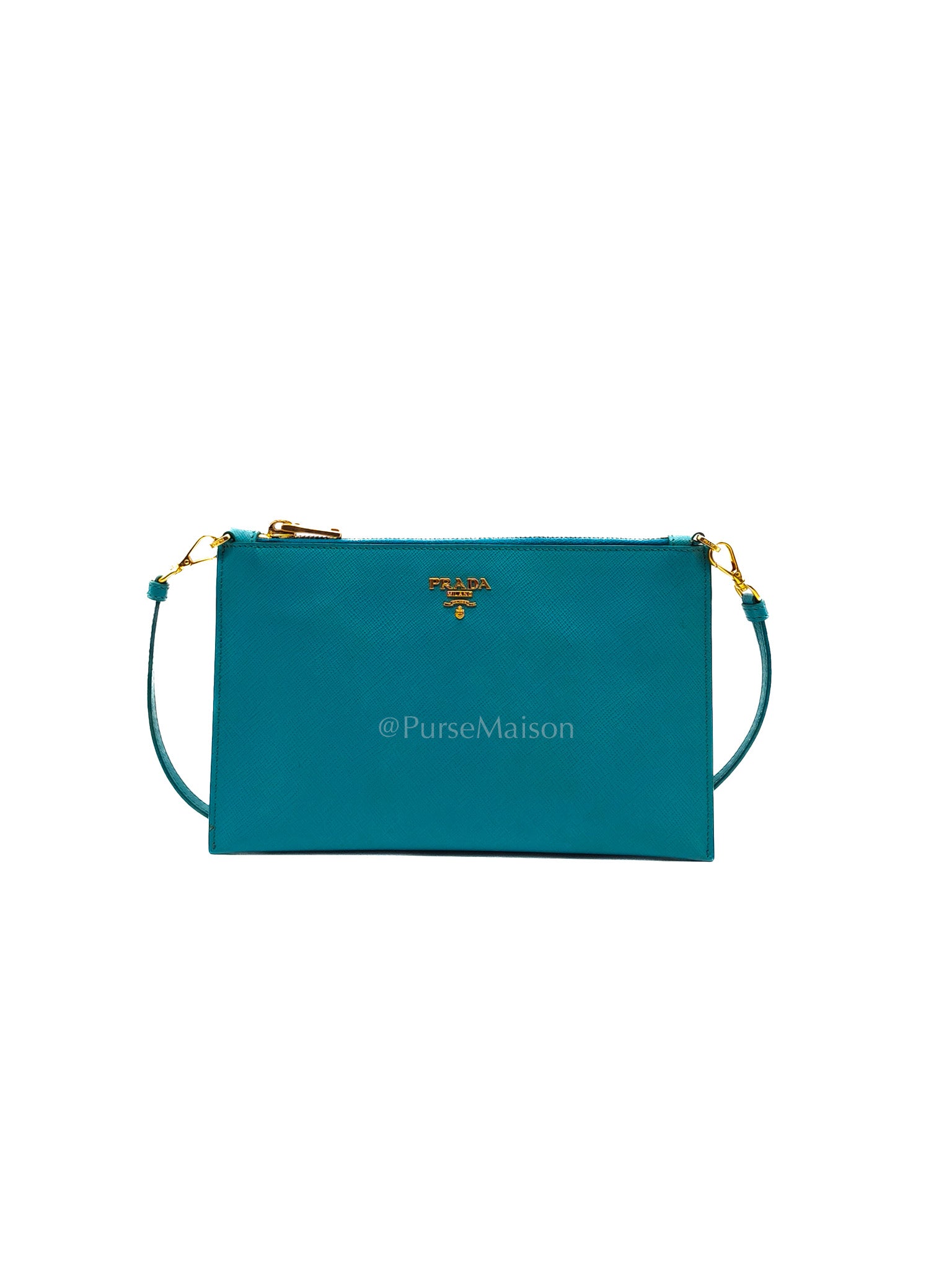 Accessory Pouch in Marine Blue Saffiano Leather & Gold Hardware
