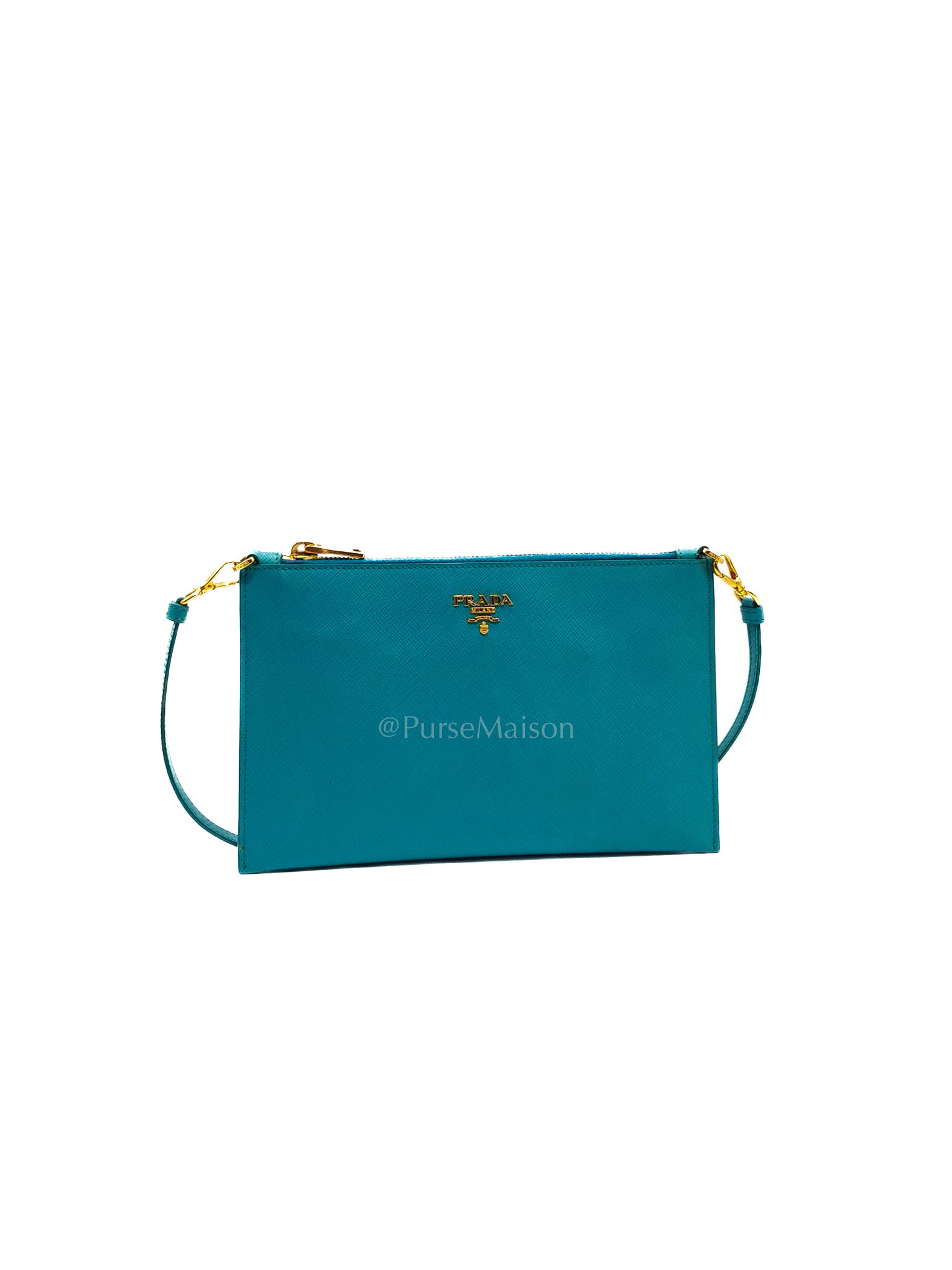 Accessory Pouch in Marine Blue Saffiano Leather & Gold Hardware