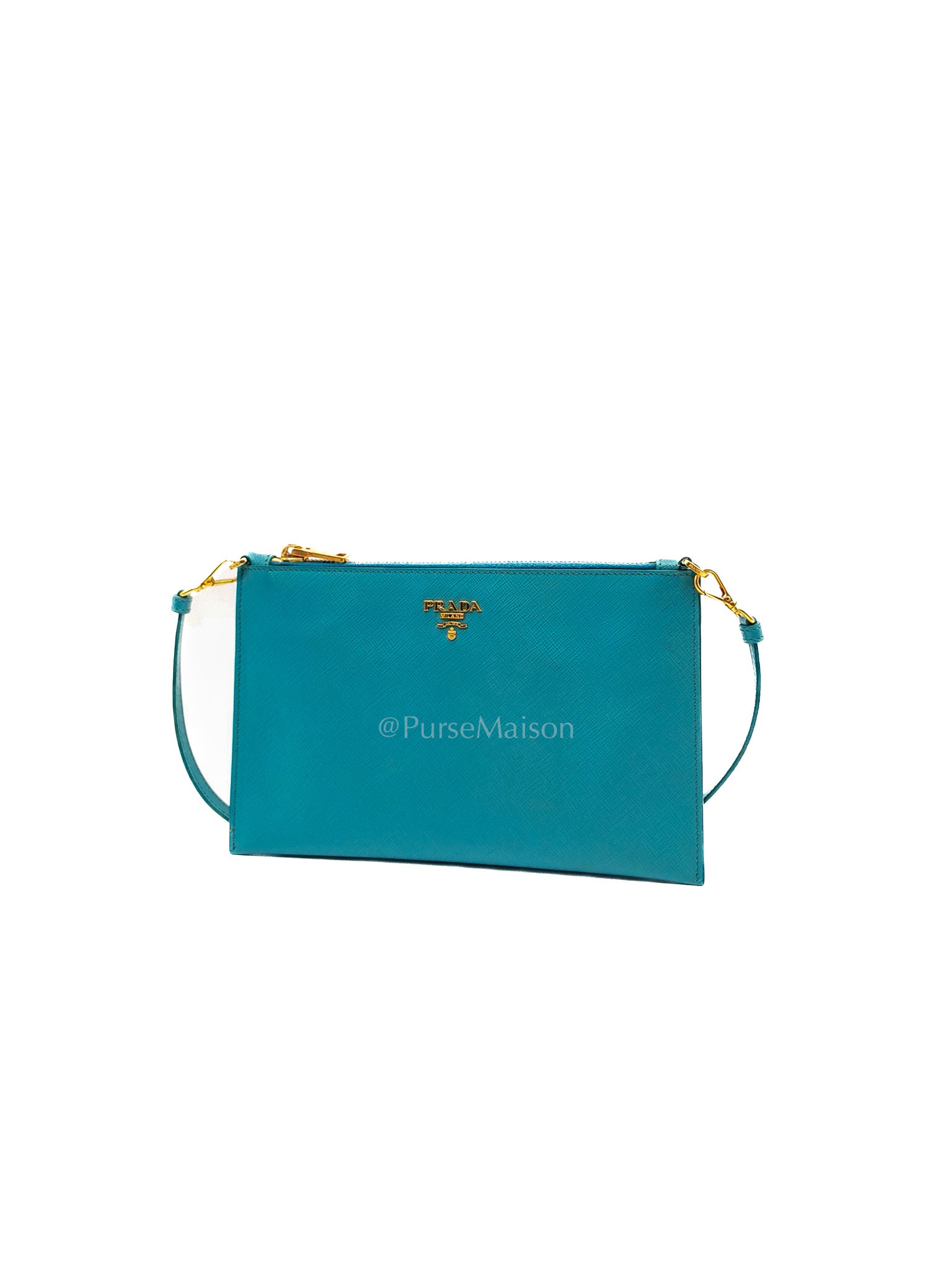Accessory Pouch in Marine Blue Saffiano Leather & Gold Hardware