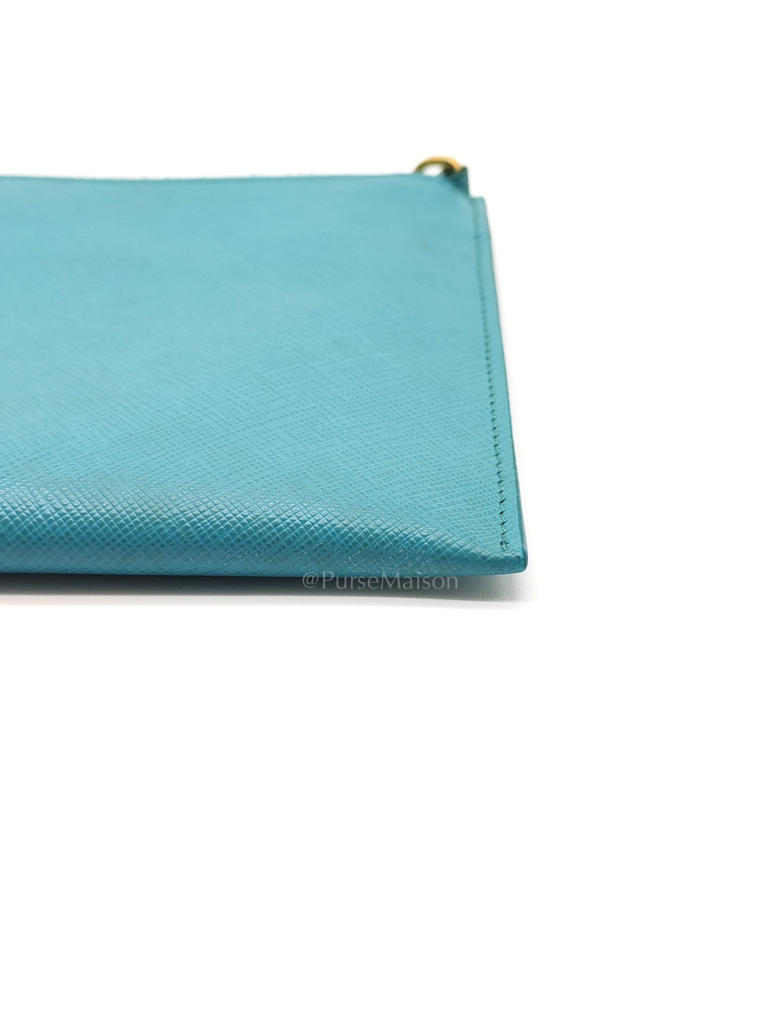 Accessory Pouch in Marine Blue Saffiano Leather & Gold Hardware