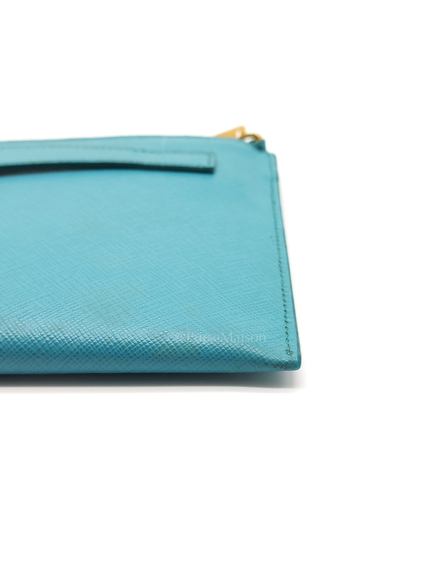 Accessory Pouch in Marine Blue Saffiano Leather & Gold Hardware