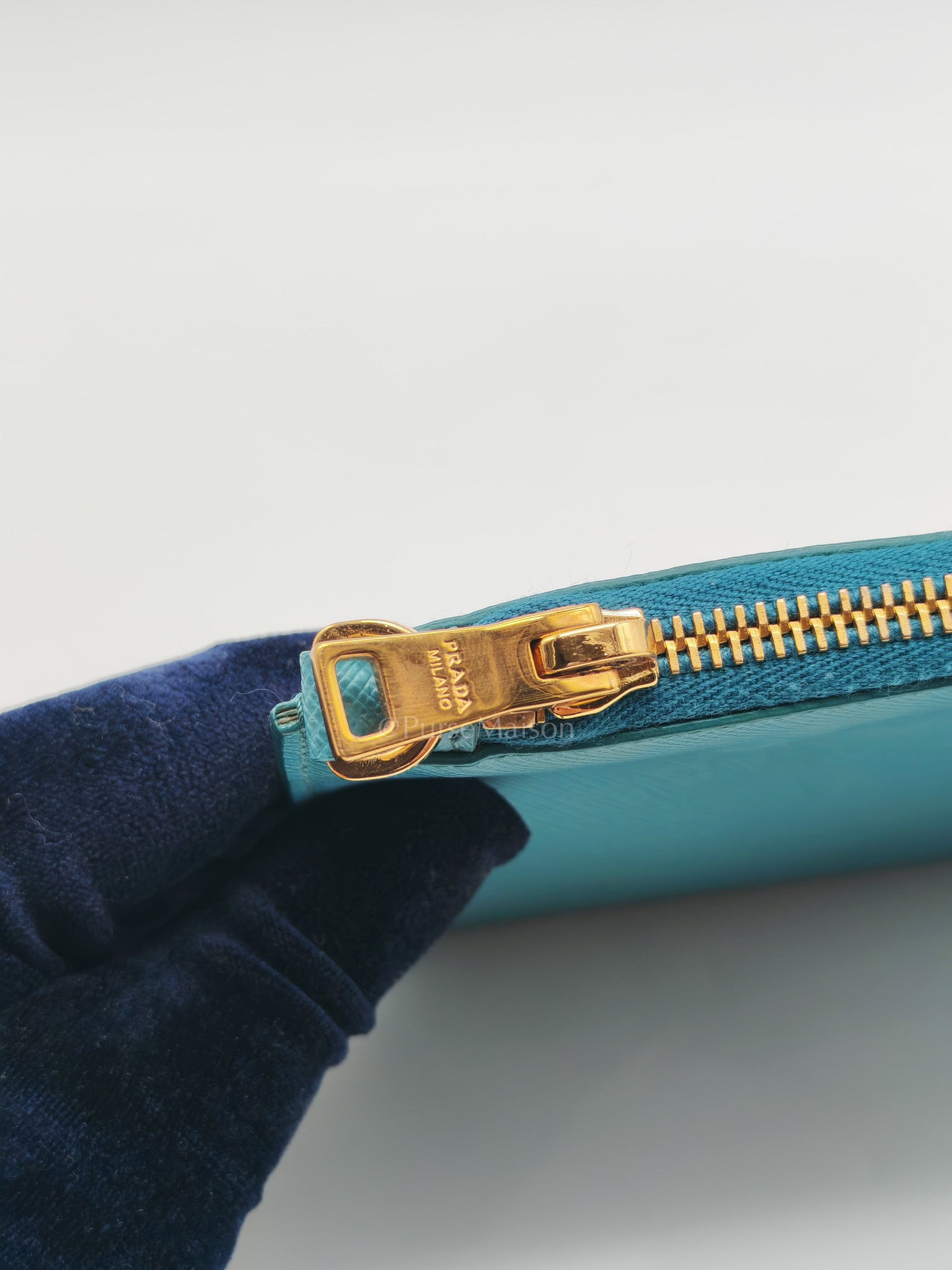 Accessory Pouch in Marine Blue Saffiano Leather & Gold Hardware