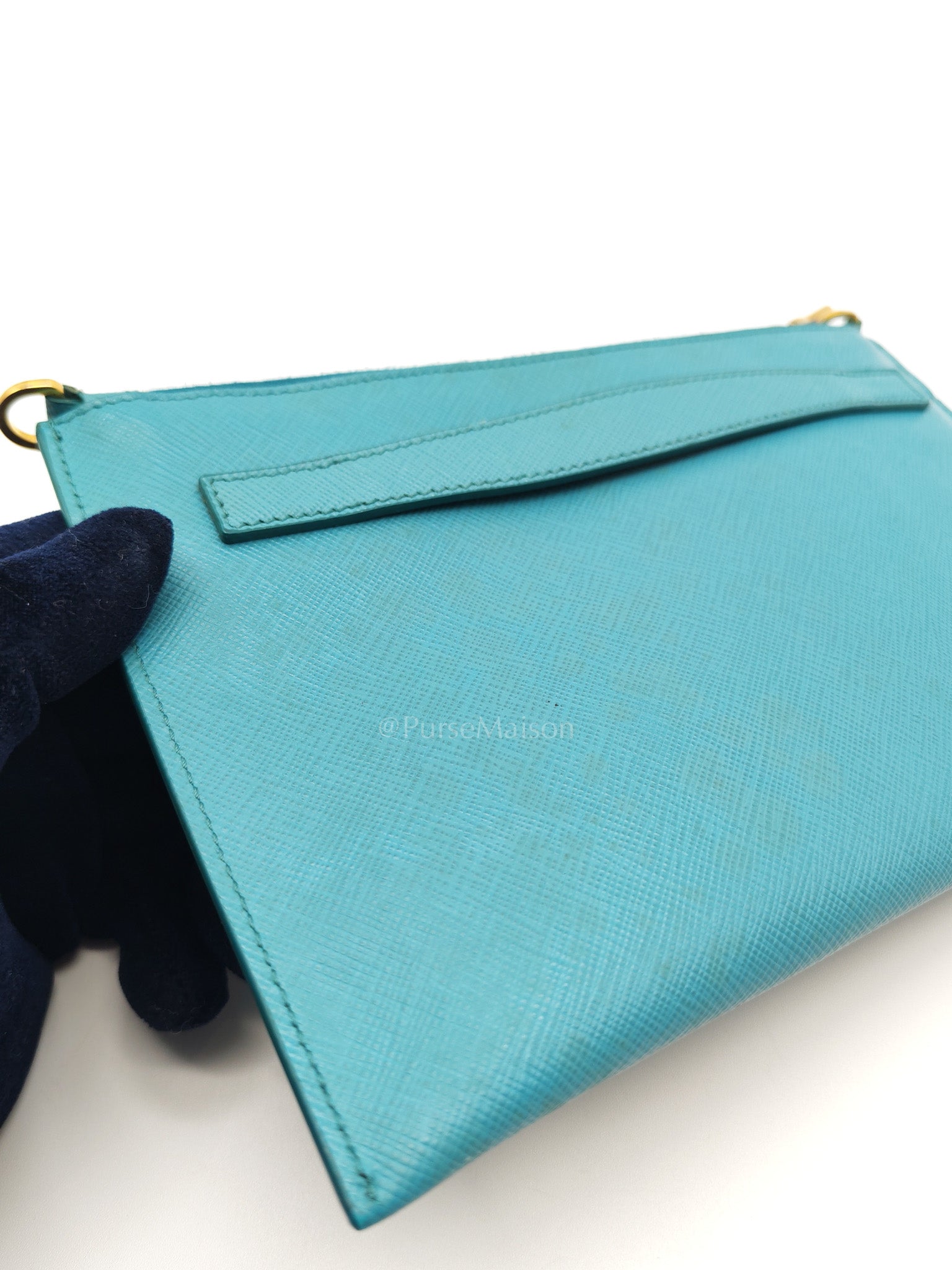 Accessory Pouch in Marine Blue Saffiano Leather & Gold Hardware