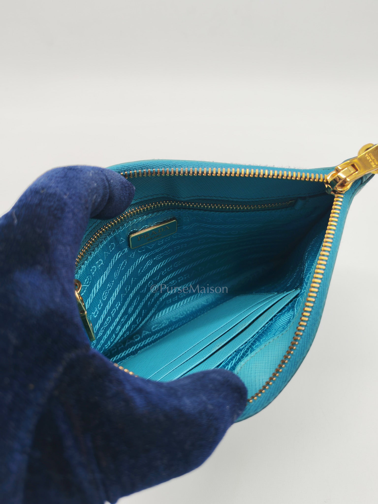 Accessory Pouch in Marine Blue Saffiano Leather & Gold Hardware