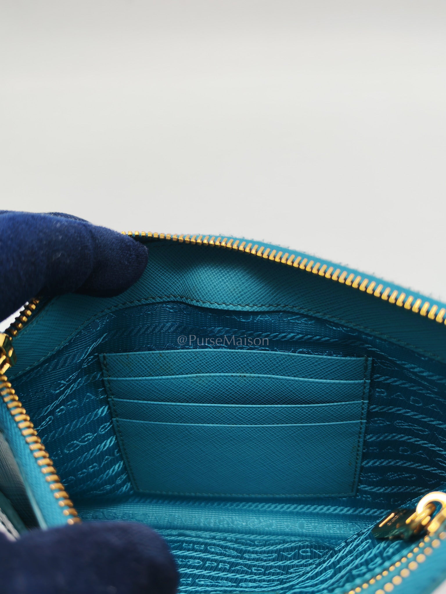 Accessory Pouch in Marine Blue Saffiano Leather & Gold Hardware