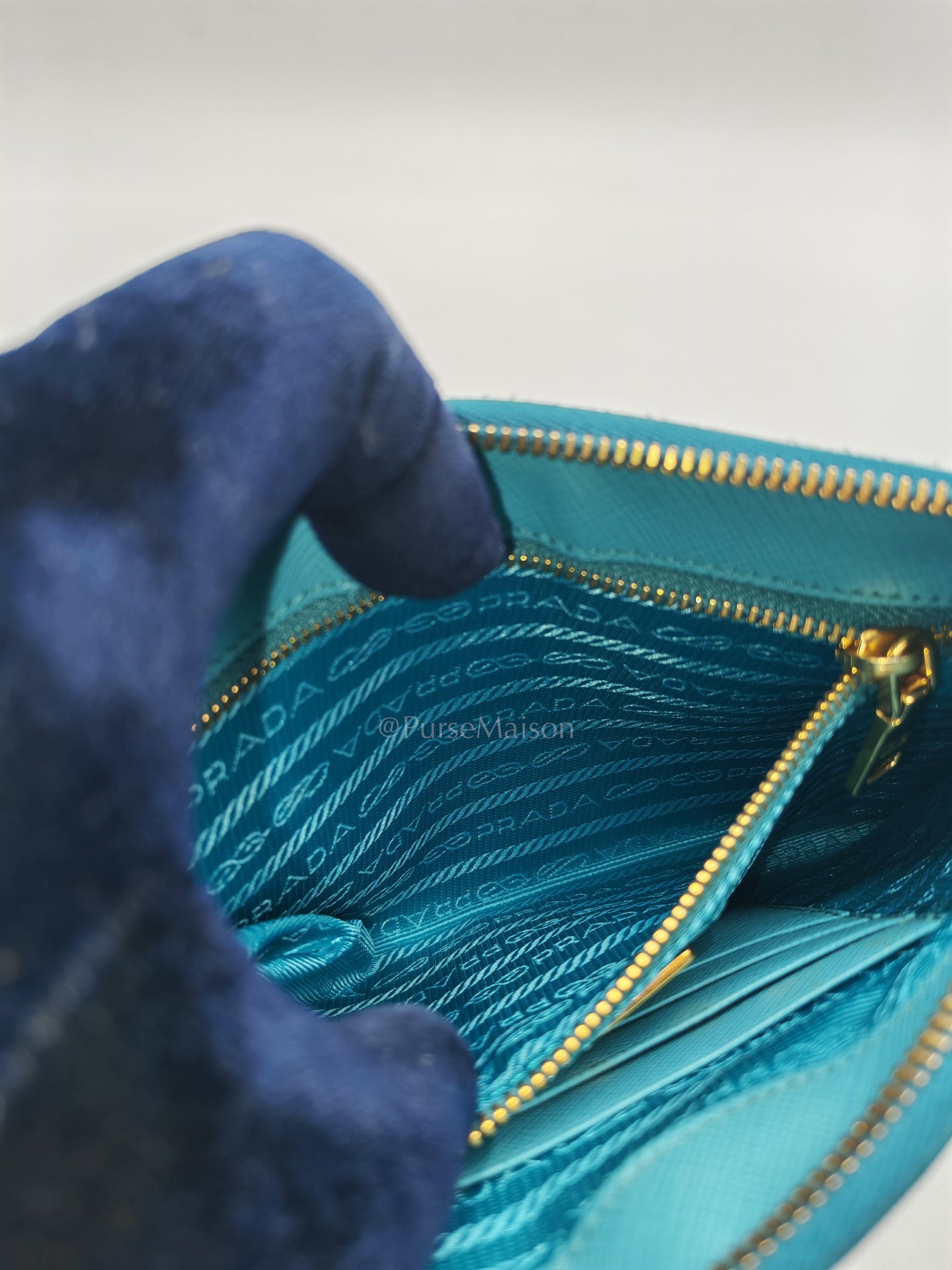 Accessory Pouch in Marine Blue Saffiano Leather & Gold Hardware