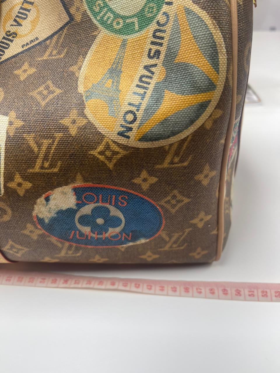 Louis Vuitton Keepall Bandouliere Flight Mode Collection in Monogram Canvas Cowhide Leather and Gold Hardware Microchip