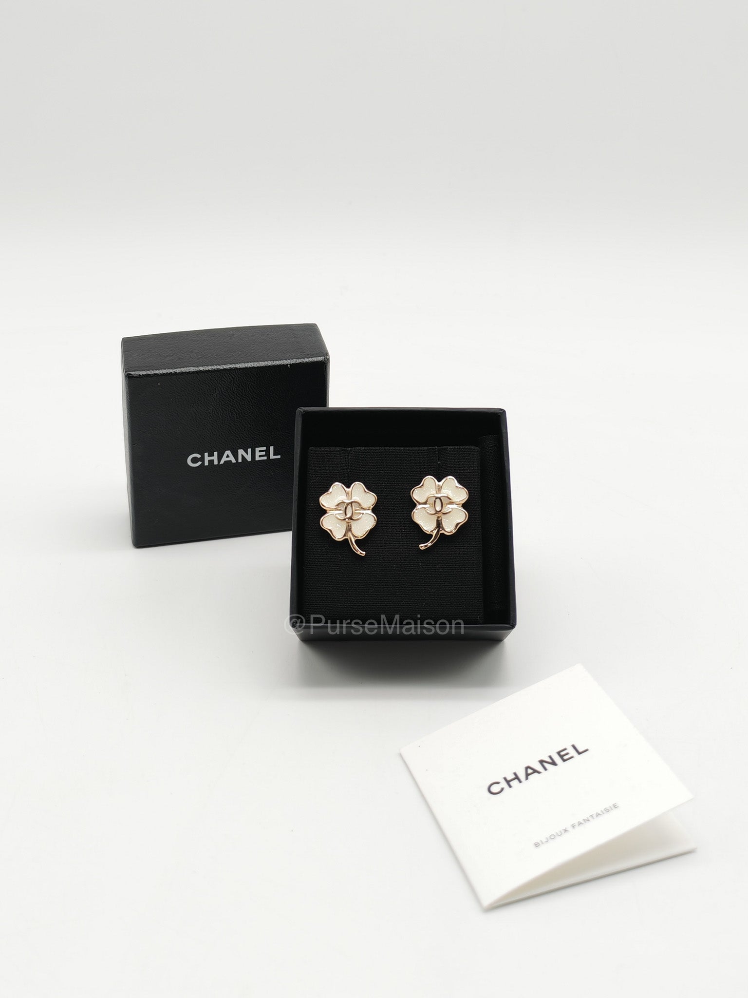 Chanel White Enamel Four-Leaf Clover CC Earrings