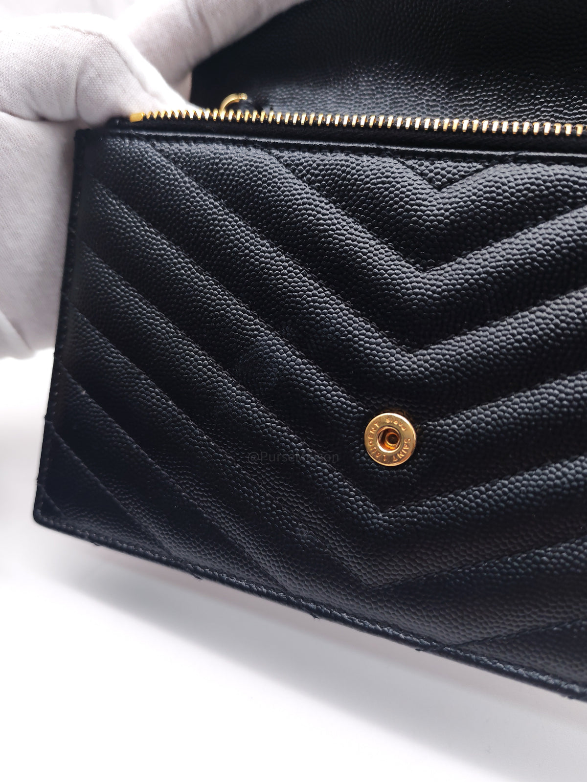 Yves Saint Laurent Portefeuille Wallet on Chain in Black Chevron Graine De Poudre Leather Gold Hardware