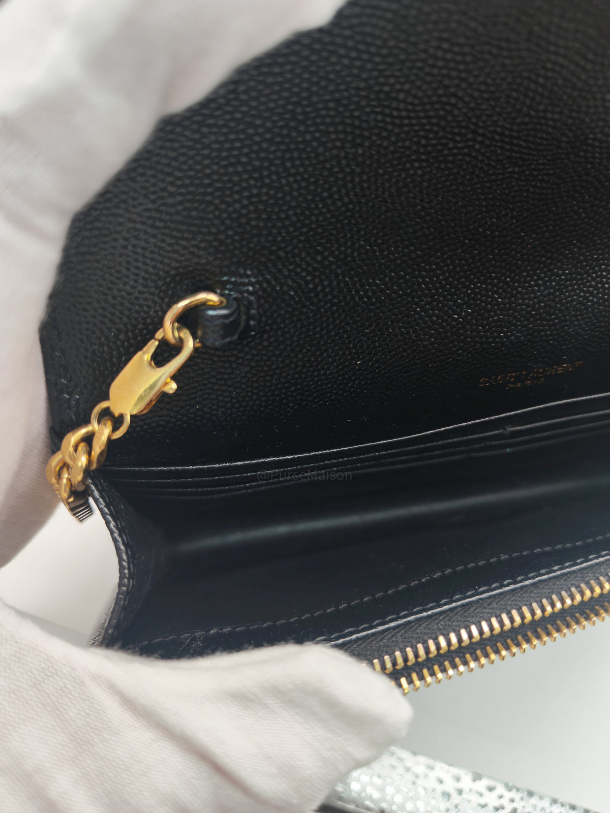 Yves Saint Laurent Portefeuille Wallet on Chain in Black Chevron Graine De Poudre Leather Gold Hardware