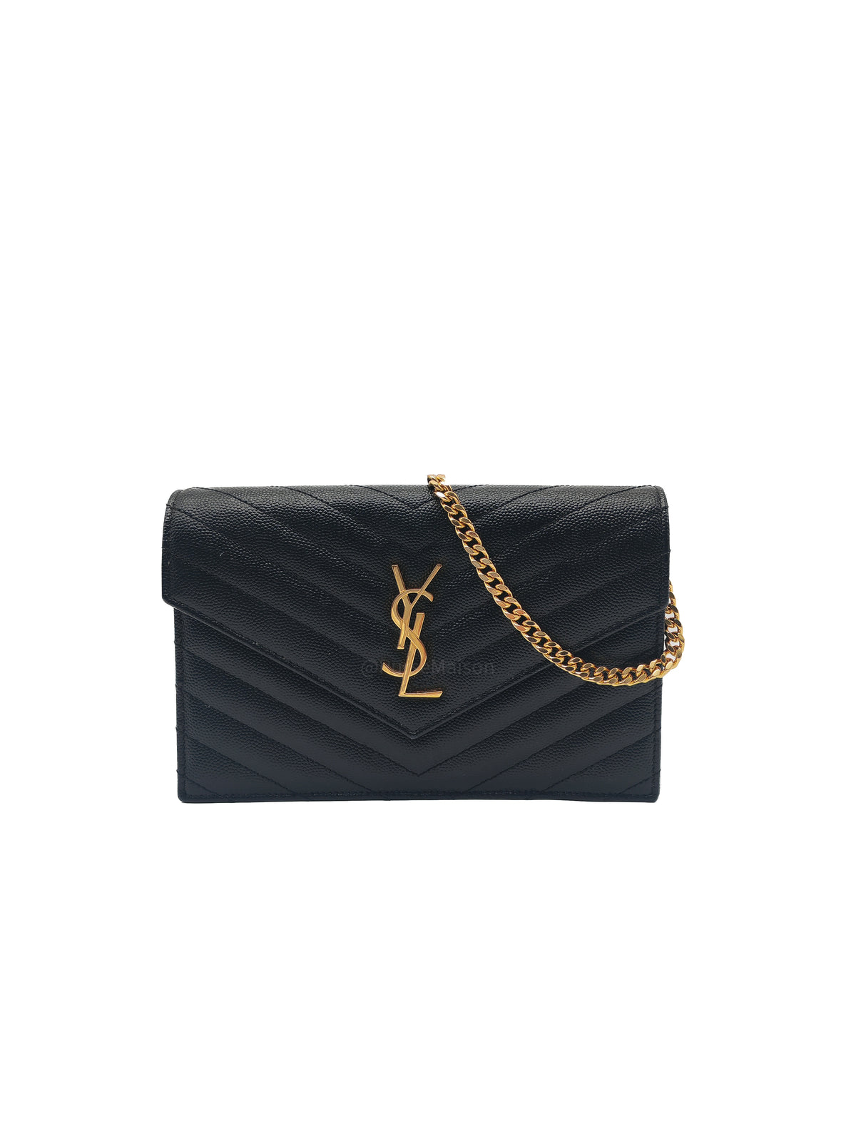 Yves Saint Laurent Portefeuille Wallet on Chain in Black Chevron Graine De Poudre Leather Gold Hardware